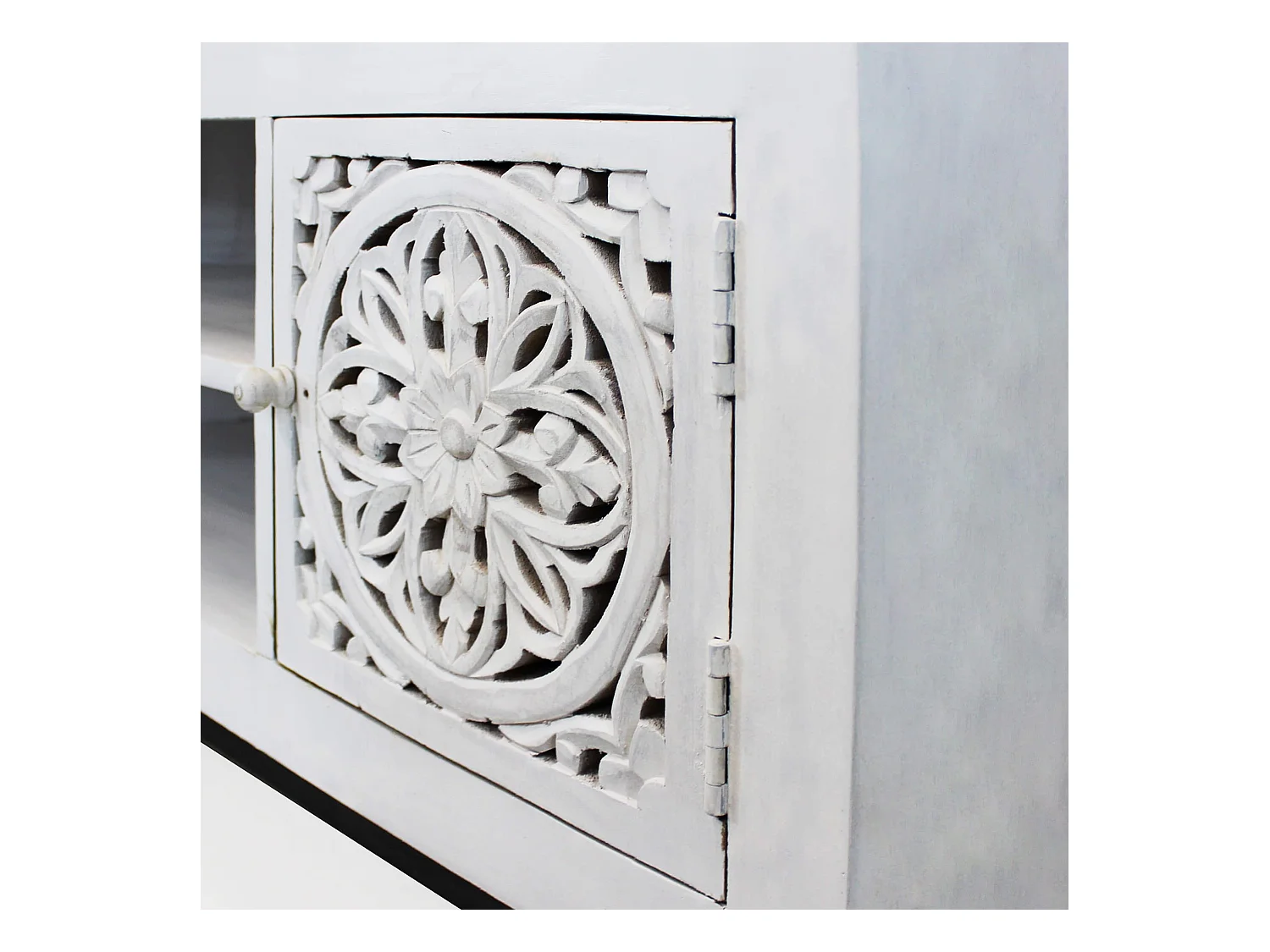 MilaniHome.it - Porta tv con decoro sbiancato con 2 ante e 2 ripiani in legno di mango con struttura in ferro cm 130x40x55 hdi coloreMarrone