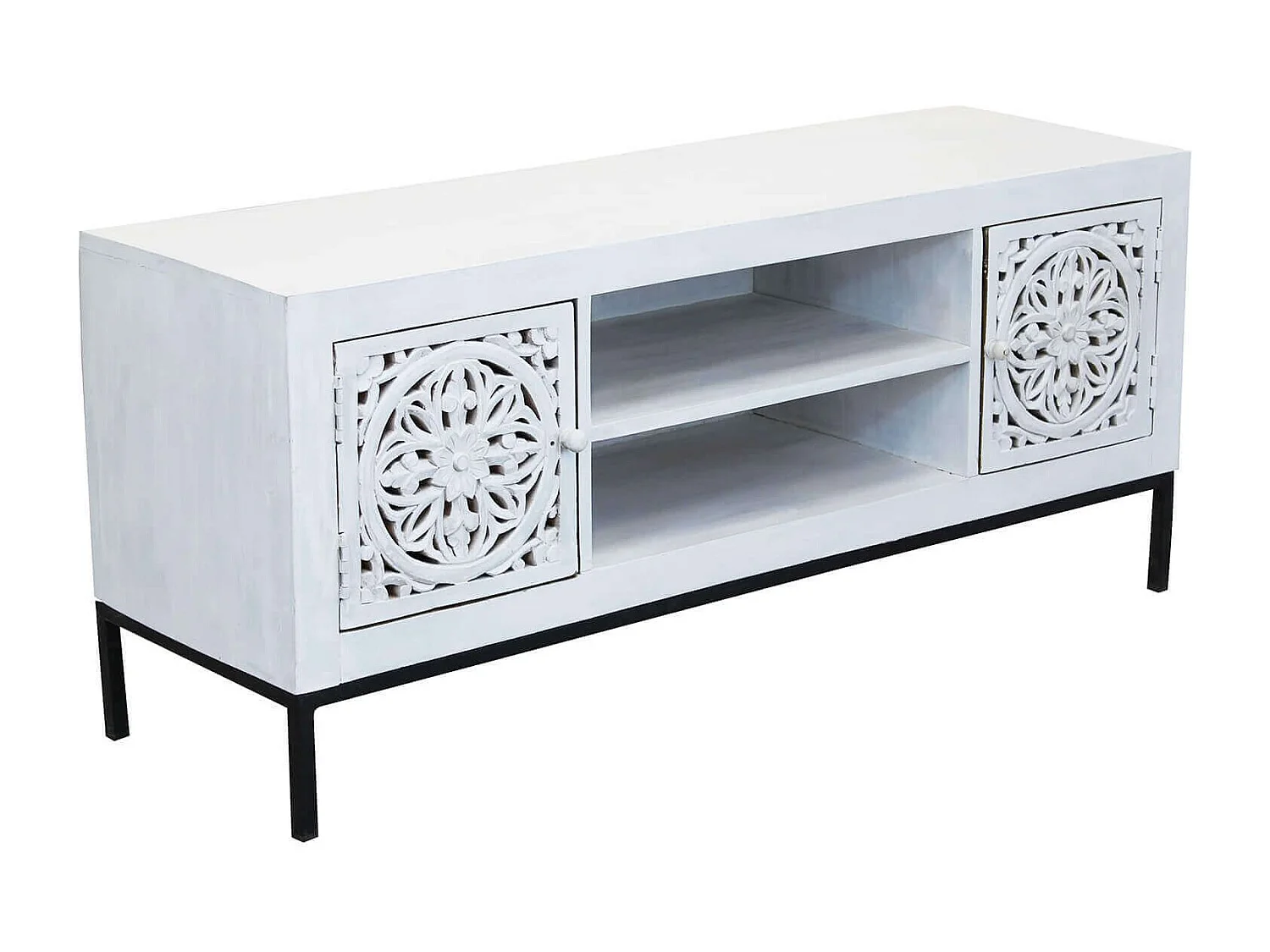 MilaniHome.it - Porta tv con decoro sbiancato con 2 ante e 2 ripiani in legno di mango con struttura in ferro cm 130x40x55 hdi coloreMarrone