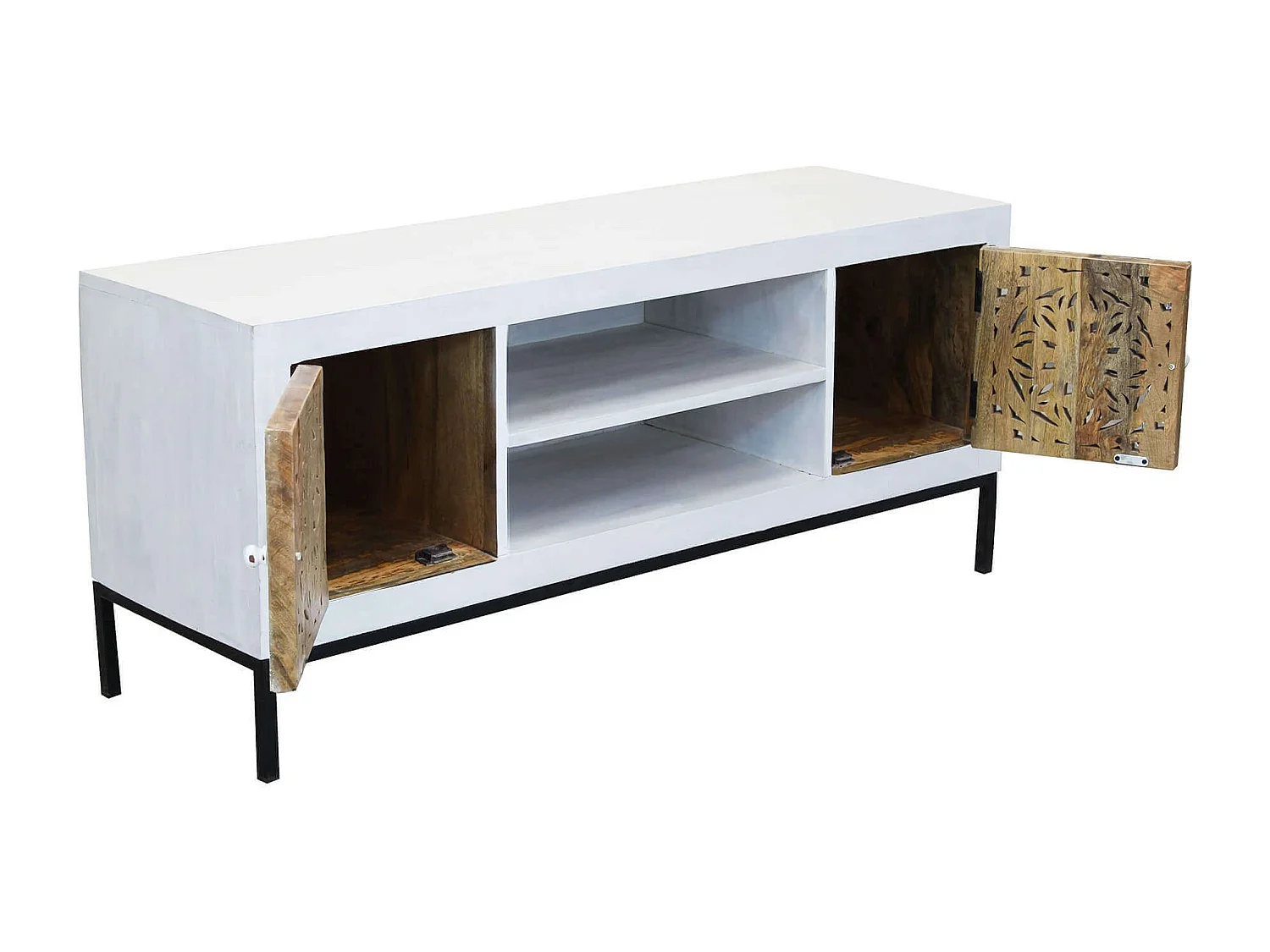 MilaniHome.it - Porta tv con decoro sbiancato con 2 ante e 2 ripiani in legno di mango con struttura in ferro cm 130x40x55 hdi coloreMarrone