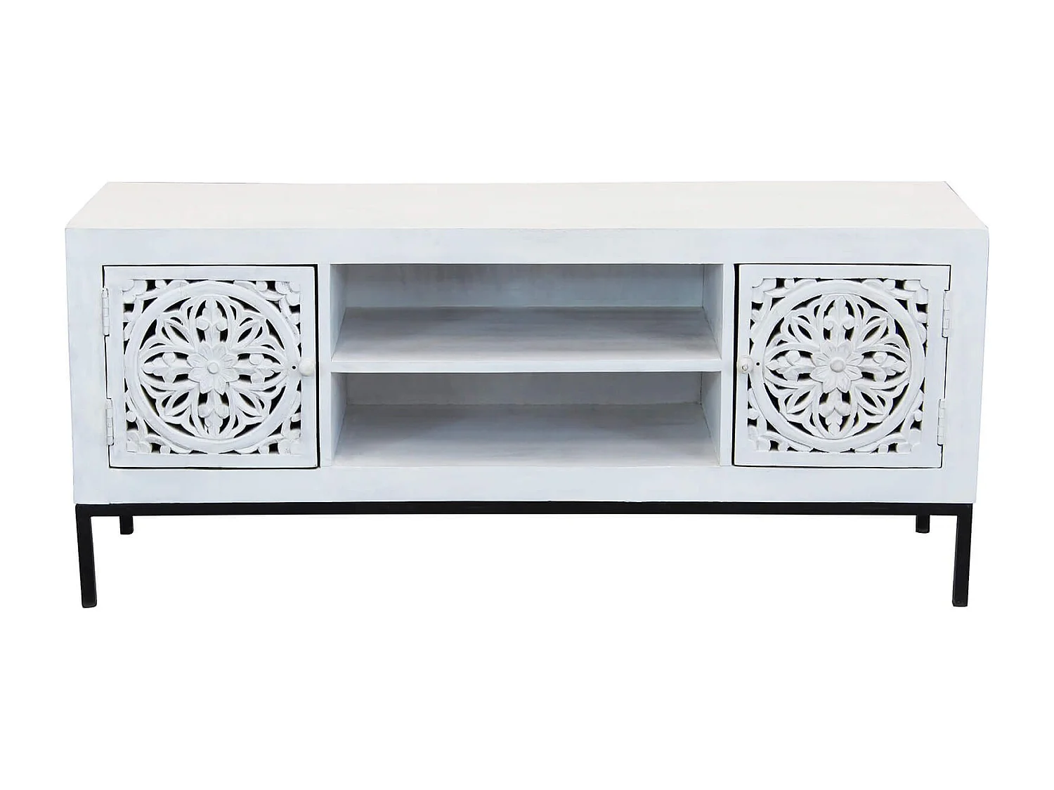 MilaniHome.it - Porta tv con decoro sbiancato con 2 ante e 2 ripiani in legno di mango con struttura in ferro cm 130x40x55 hdi coloreMarrone