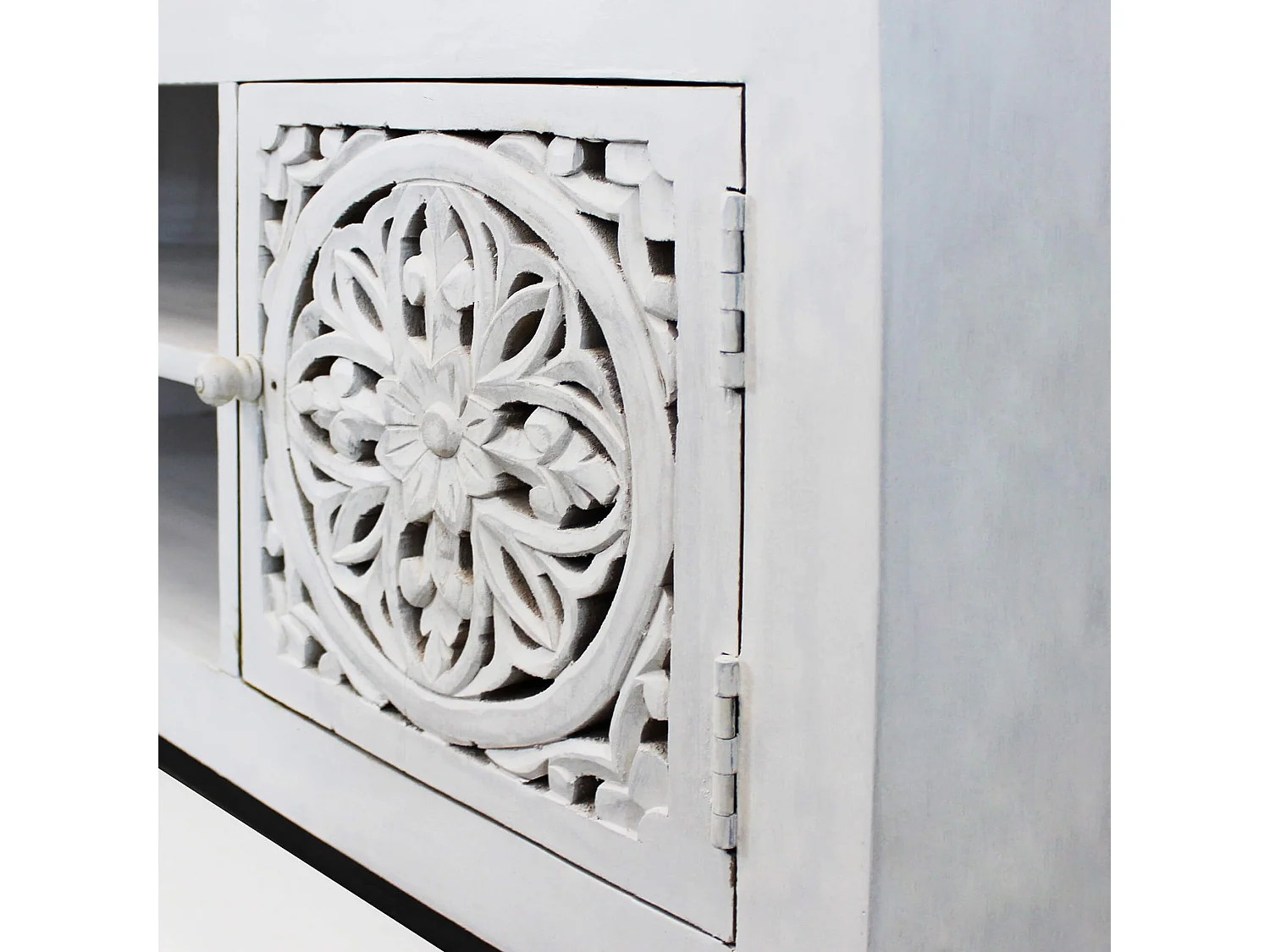 MilaniHome.it - Porta tv con decoro sbiancato con 2 ante e 2 ripiani in legno di mango con struttura in ferro cm 130x40x55 hdi coloreMarrone