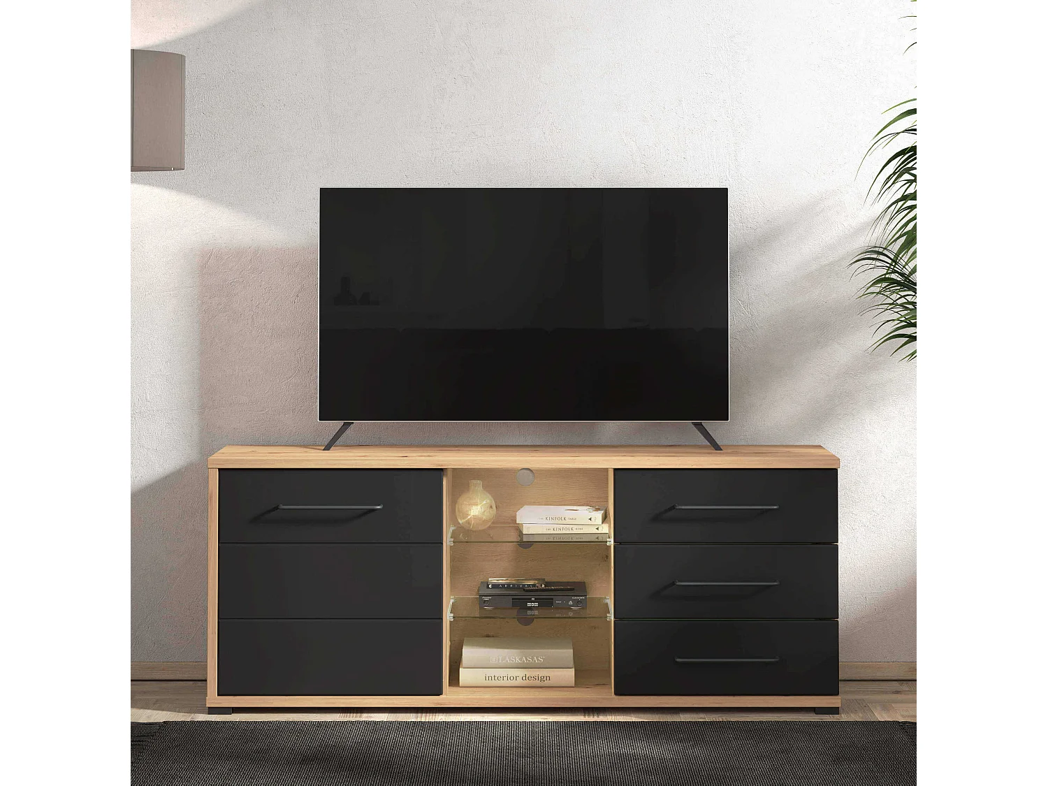 MilaniHome.it - porta tv un anta tre cassetti moderno minimal in legno di design moderno industrial cm 161,5 x 40 x 65 hdi coloreAntracite