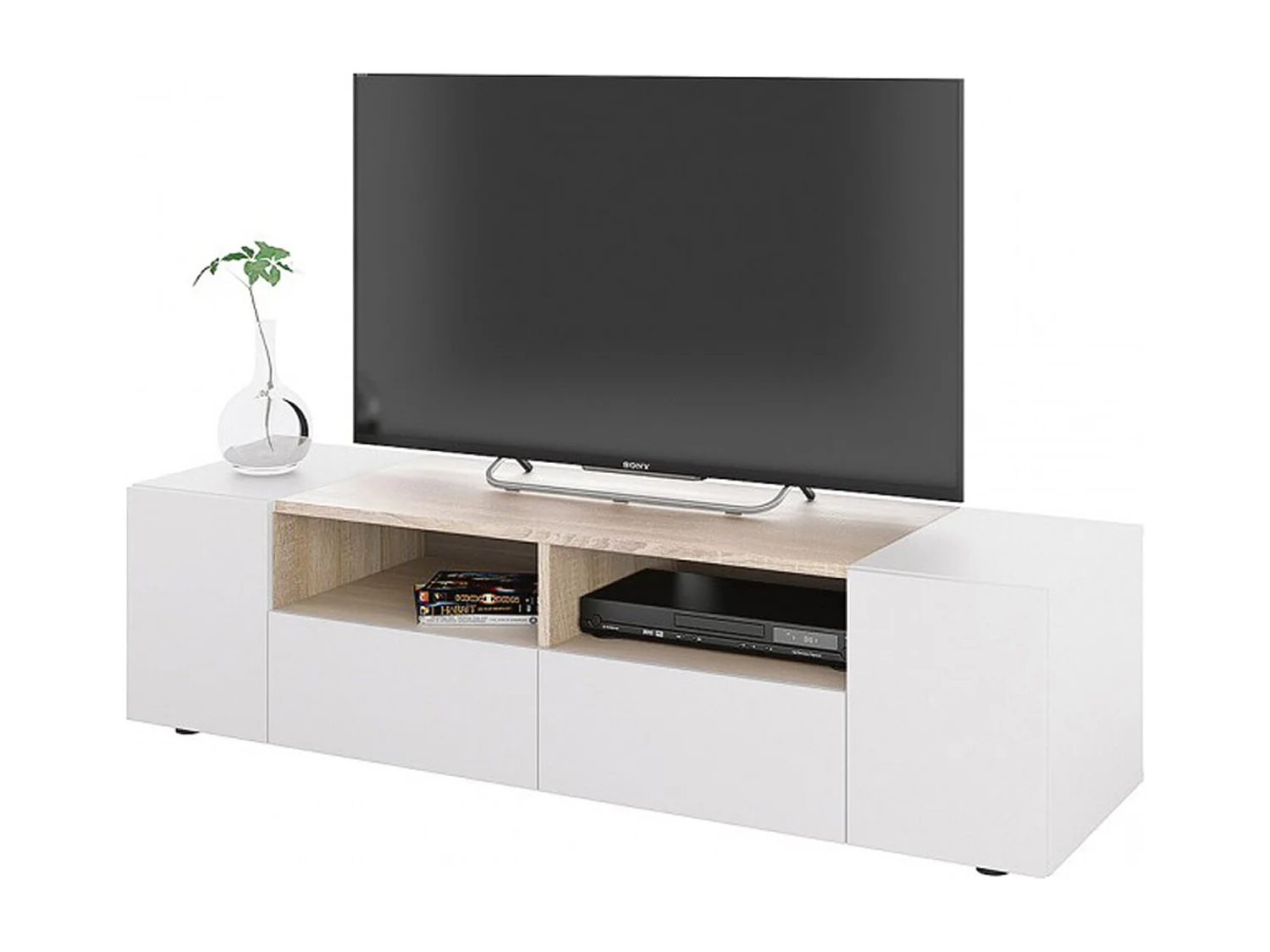 Meuble TV moderne, couleur blanc et chêne - Longueur 138 x Hauteur 34 x Profondeur  42 cm