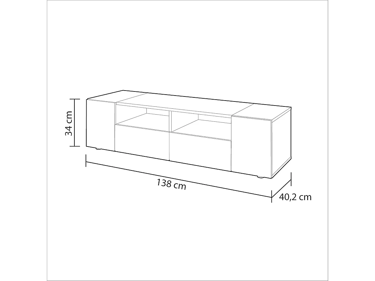 Meuble TV moderne, couleur blanc et chêne - Longueur 138 x Hauteur 34 x Profondeur  42 cm