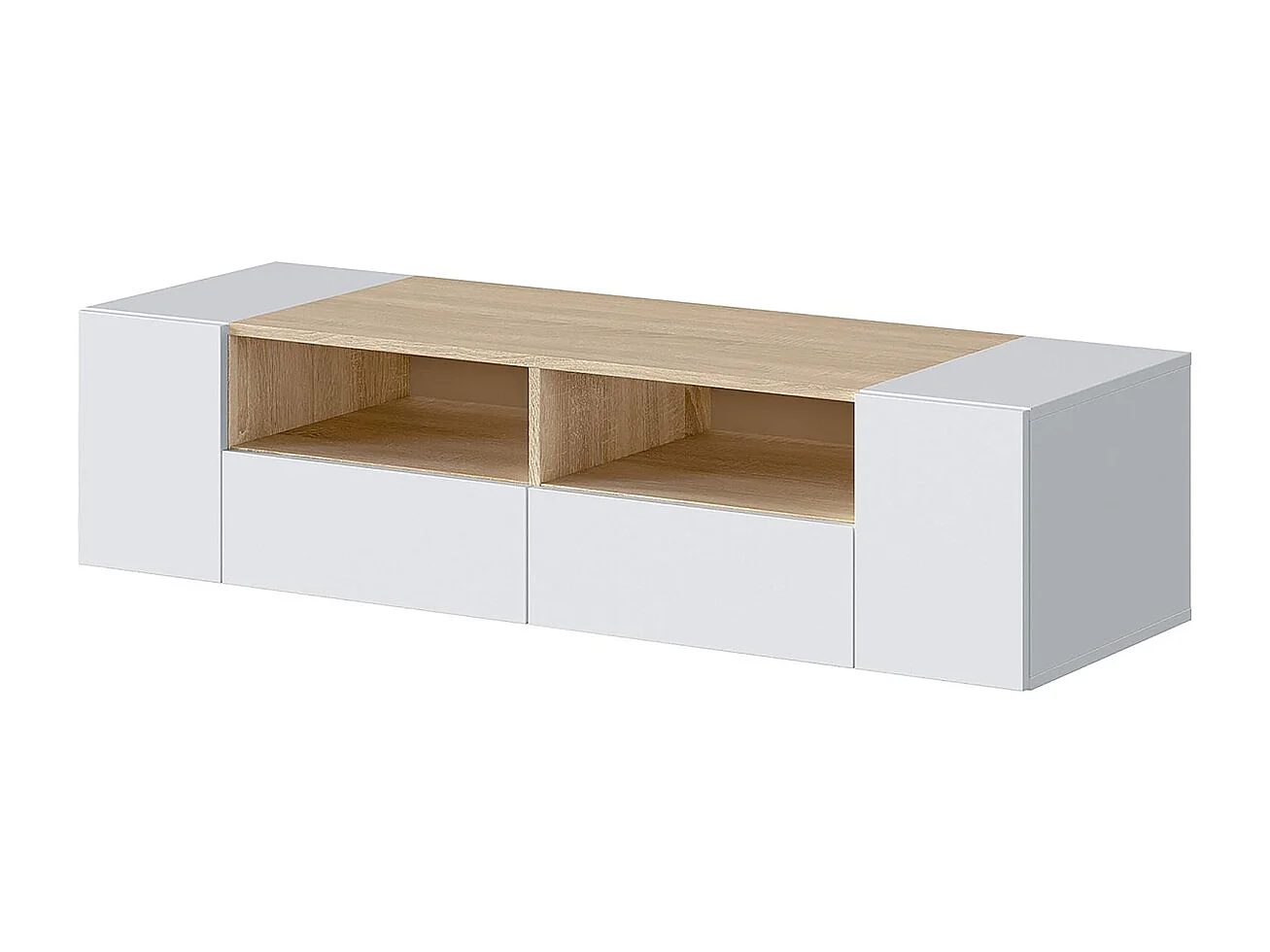 Meuble TV moderne, couleur blanc et chêne - Longueur 138 x Hauteur 34 x Profondeur  42 cm