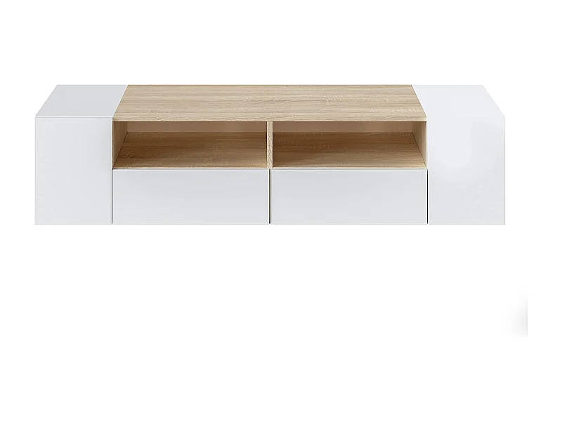 Meuble TV moderne, couleur blanc et chêne - Longueur 138 x Hauteur 34 x Profondeur  42 cm