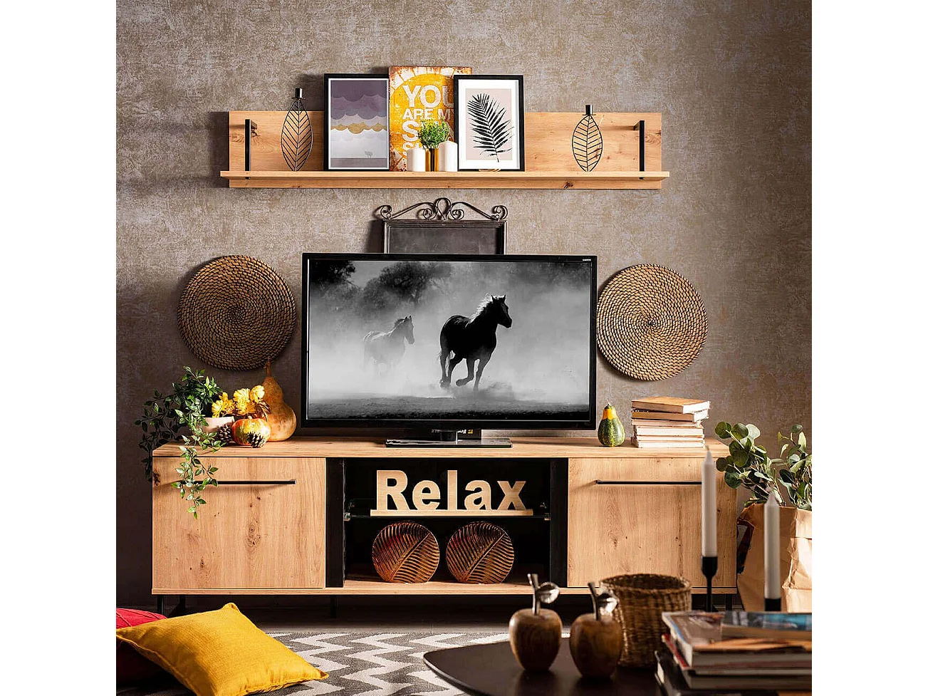 porta TV moderno colore rovere con 2 ante di design moderno industrial cm 170,5 x 42 x 54 h