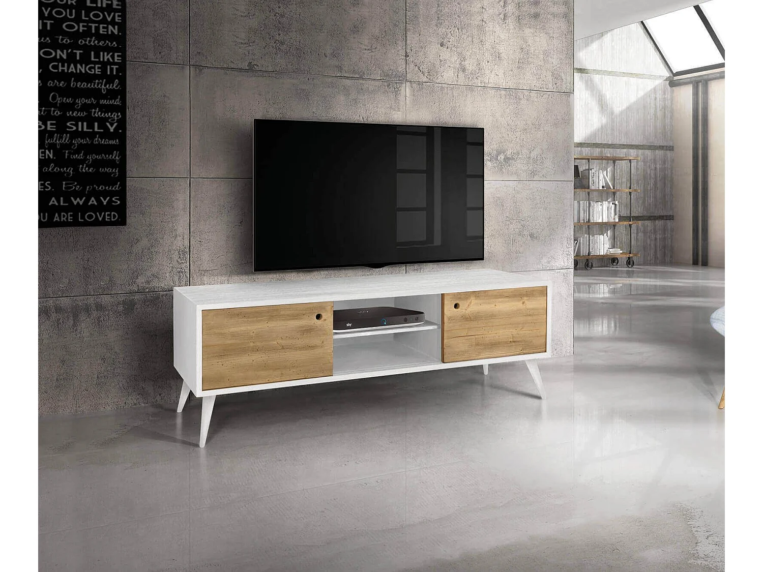 MilaniHome.it - Mobile Tv Porta Tv Cm 160x45x55 H Abete Spazzolato Naturale E Bianco Per Interno Salotto Soggiorno Ufficio Camera Da Lettodi coloreBianco