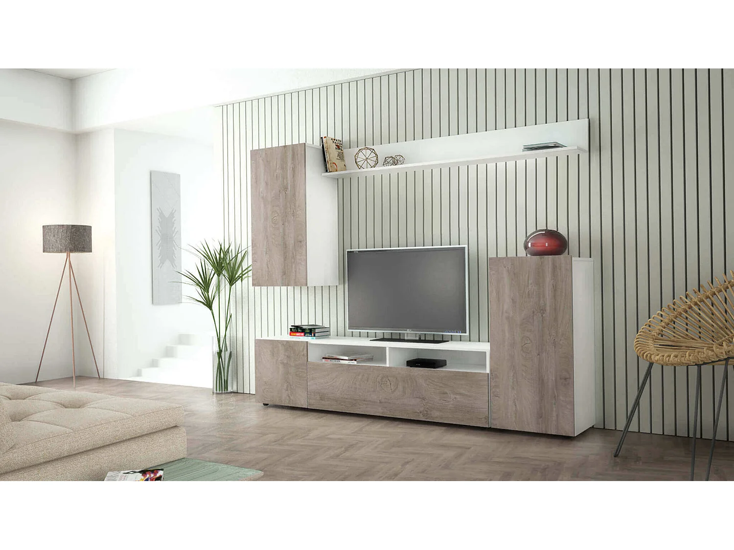 MilaniHome.it - parete attrezzata porta tv soggiorno moderna di design 207x34x170 hdi coloreRovere grigio