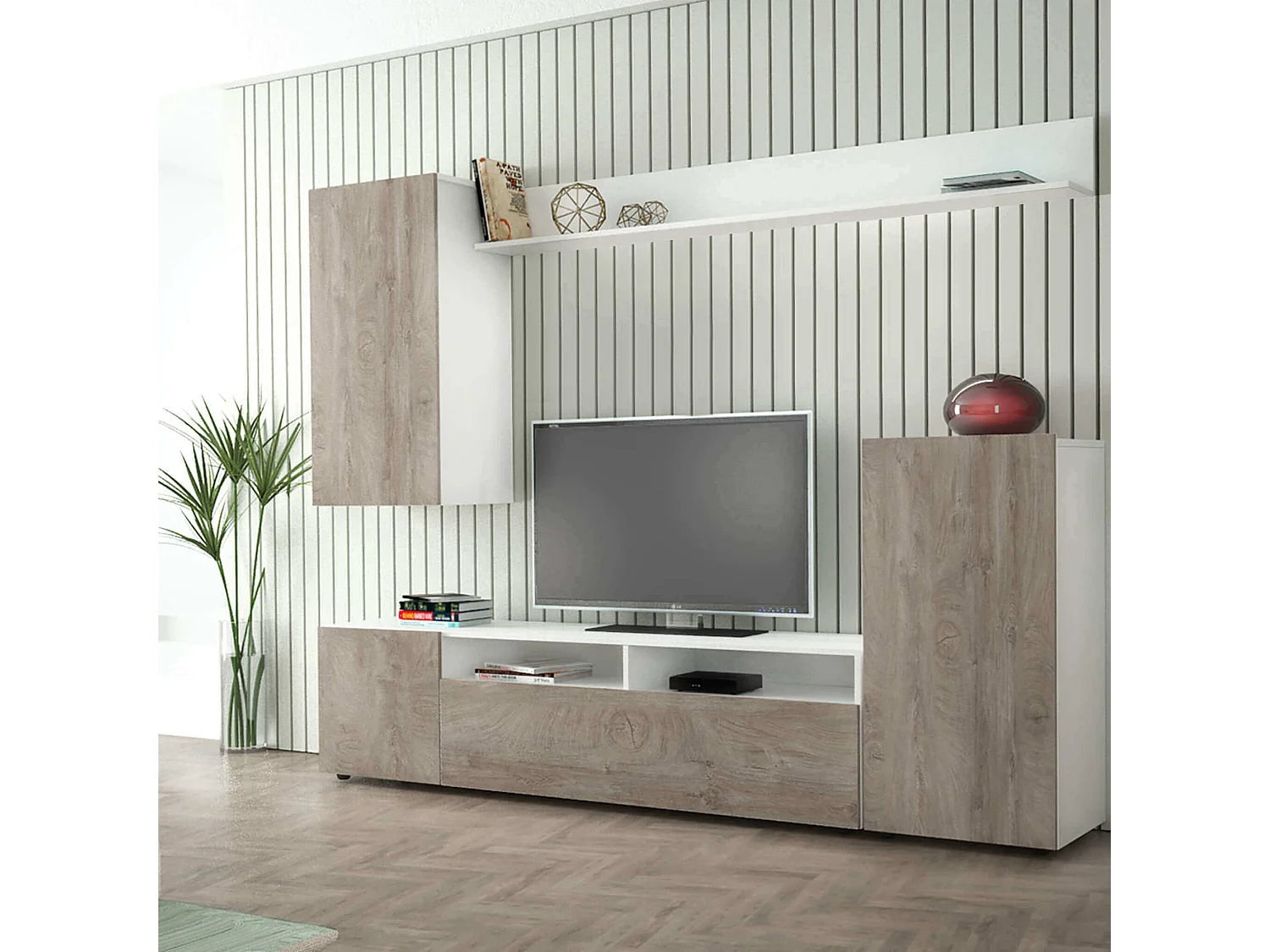 MilaniHome.it - parete attrezzata porta tv soggiorno moderna di design 207x34x170 hdi coloreRovere grigio
