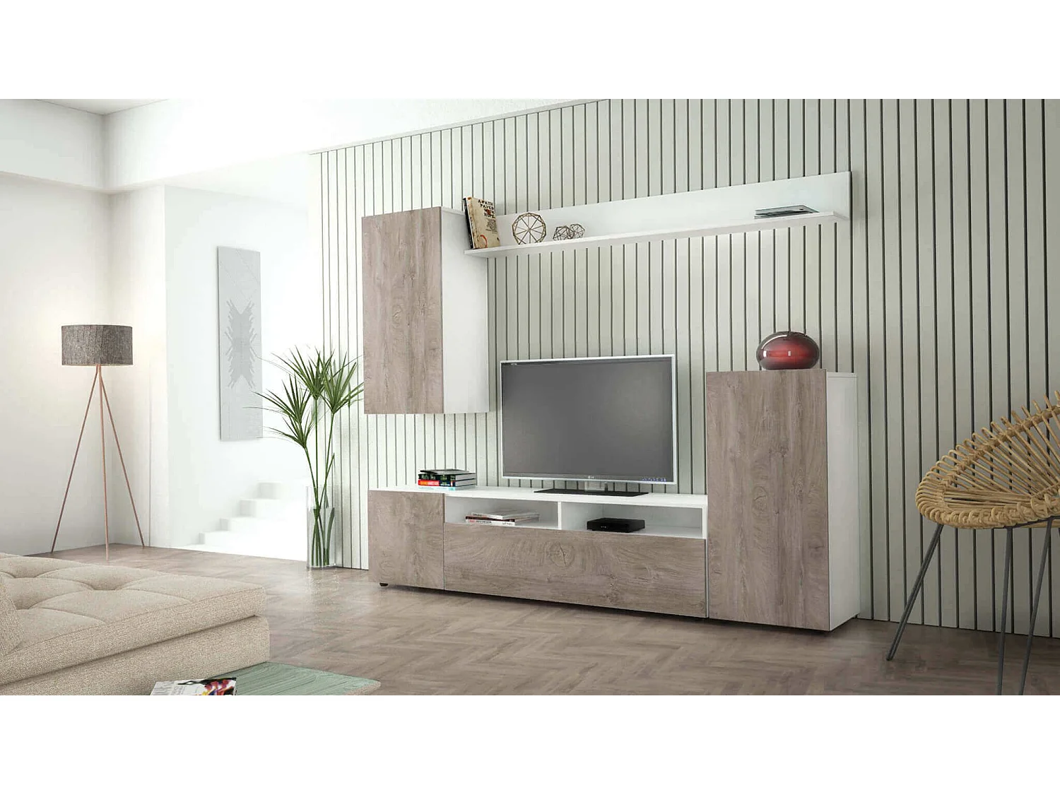 MilaniHome.it - parete attrezzata porta tv soggiorno moderna di design 207x34x170 hdi coloreRovere grigio