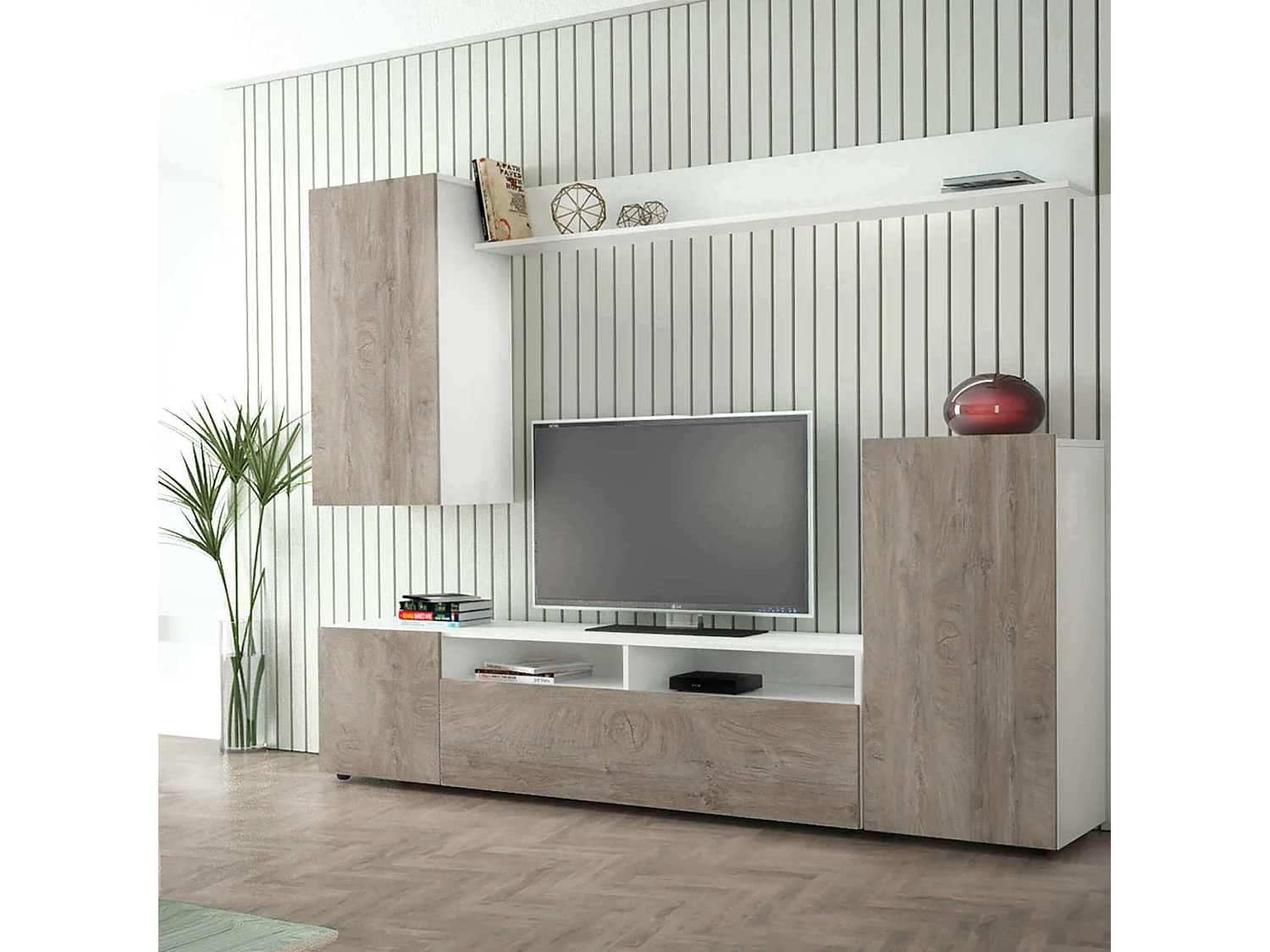 MilaniHome.it - parete attrezzata porta tv soggiorno moderna di design 207x34x170 hdi coloreRovere grigio