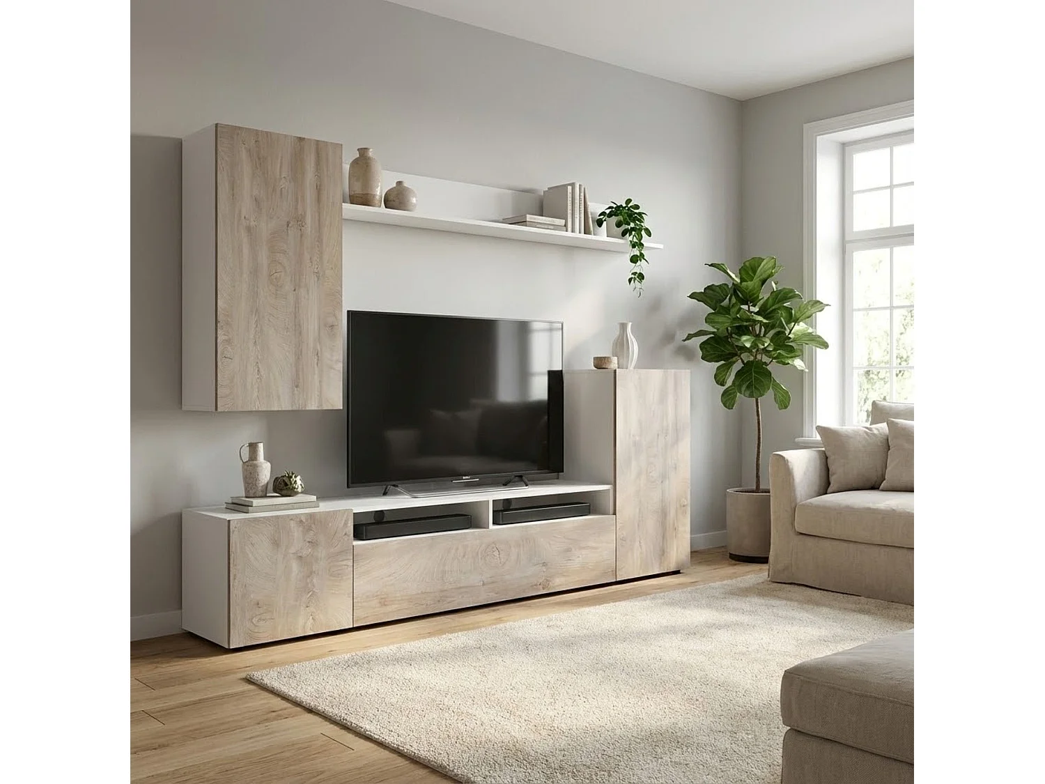 MilaniHome.it - parete attrezzata porta tv soggiorno moderna di design 207x34x170 hdi coloreRovere grigio