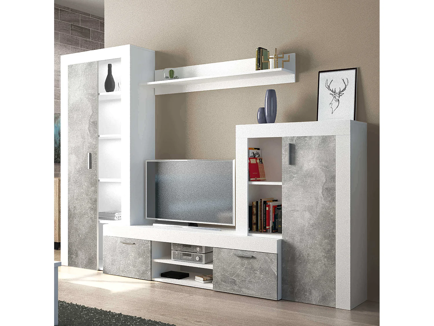 MilaniHome.it - parete attrezzata porta tv soggiorno moderna di design 263x40x200 hdi coloreCemento