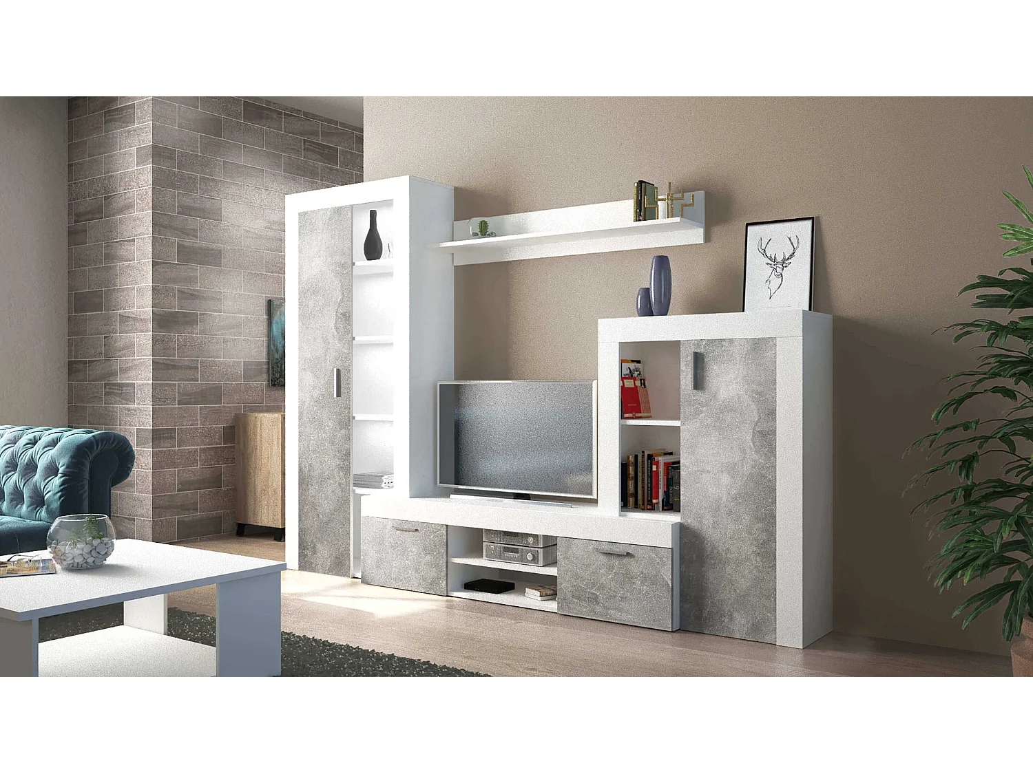 MilaniHome.it - parete attrezzata porta tv soggiorno moderna di design 263x40x200 hdi coloreCemento