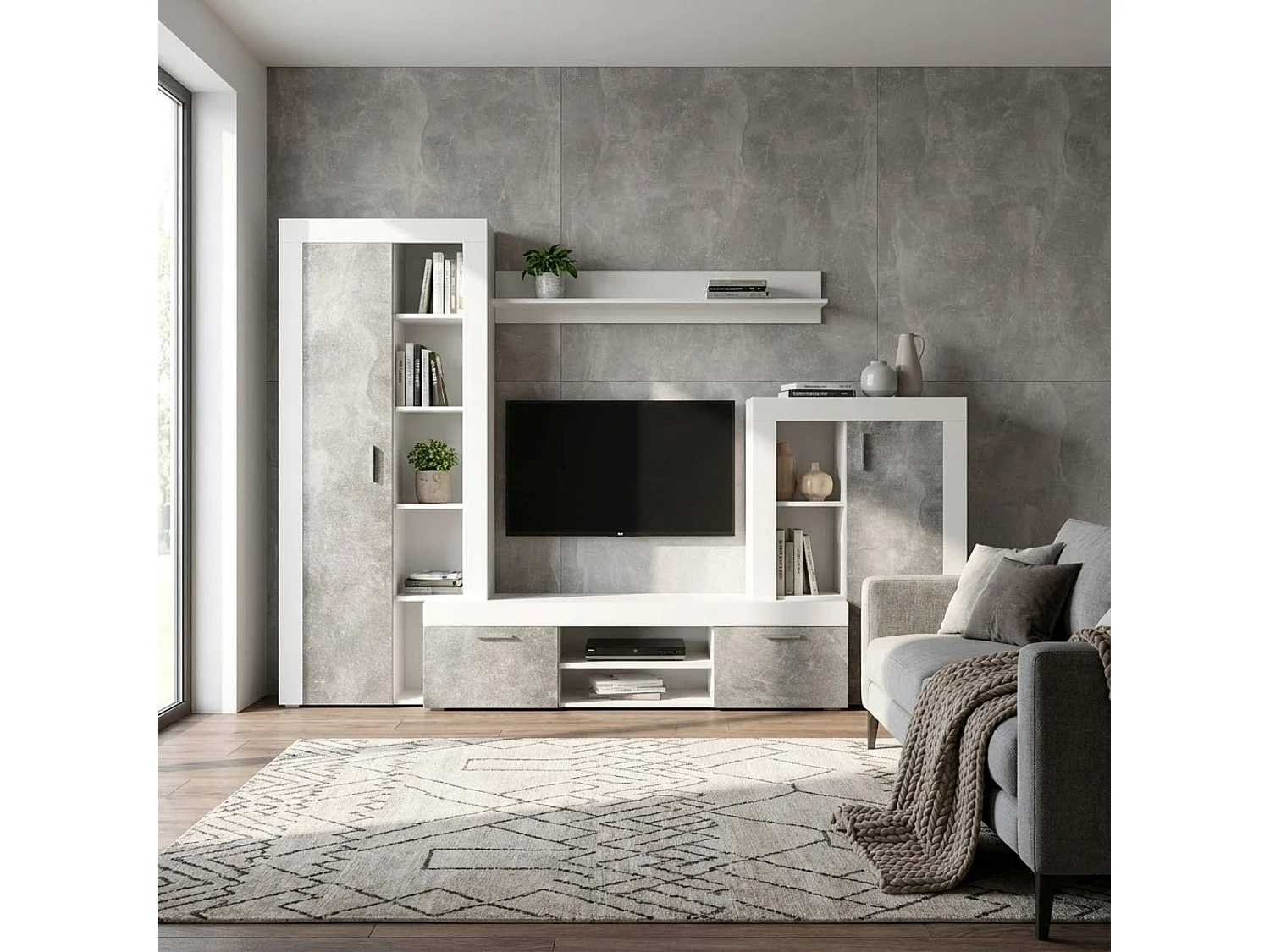 MilaniHome.it - parete attrezzata porta tv soggiorno moderna di design 263x40x200 hdi coloreCemento
