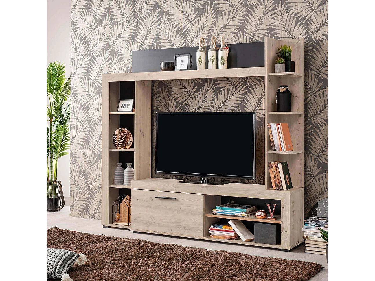 parete attrezzata moderna colore rovere di design moderno industrial cm 172,5 x 33 x 157,5 h