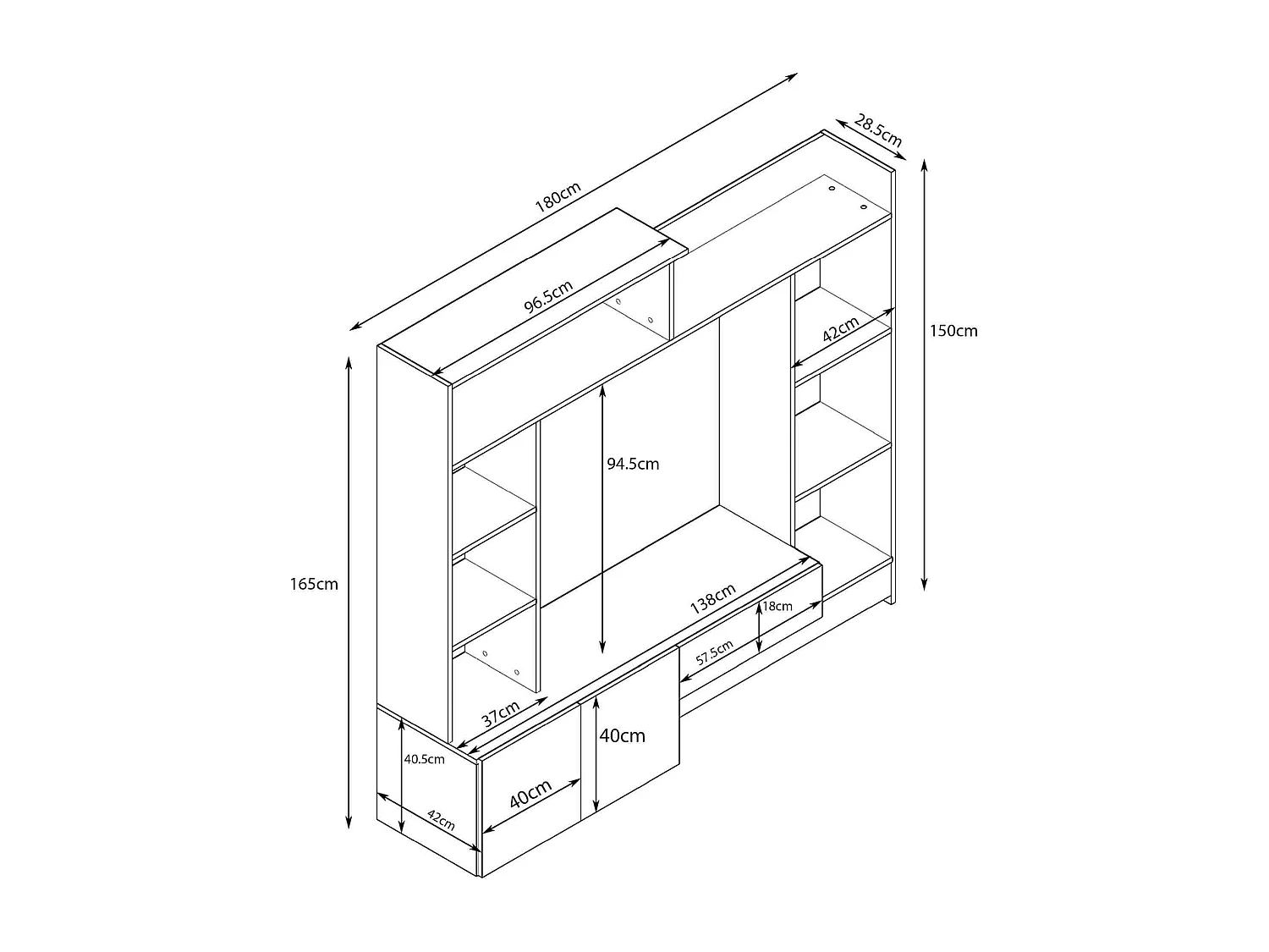 MilaniHome.it - parete attrezzata porta tv soggiorno moderna di design 180x28/40x165 hdi coloreNero