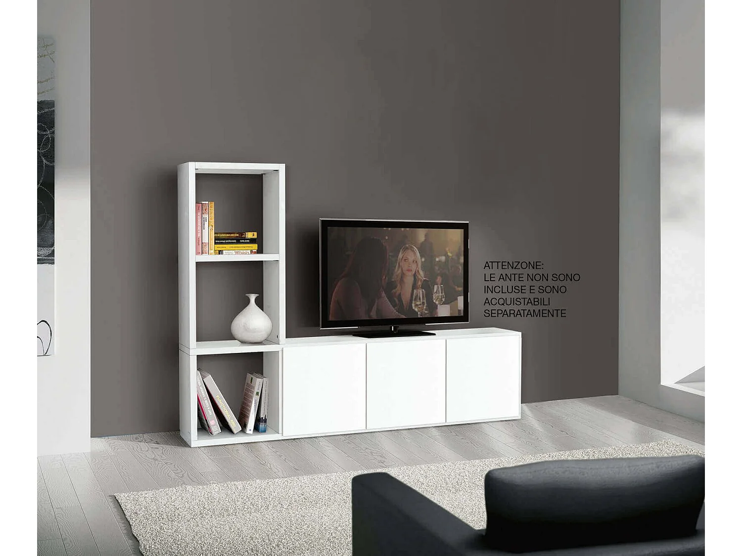 Milani Home - Mobile Tv Porta Tv Cm 175x30x132 H Frassinato Bianco Per Soggiorno Salotto Camera Da Letto Ufficio - Bianco