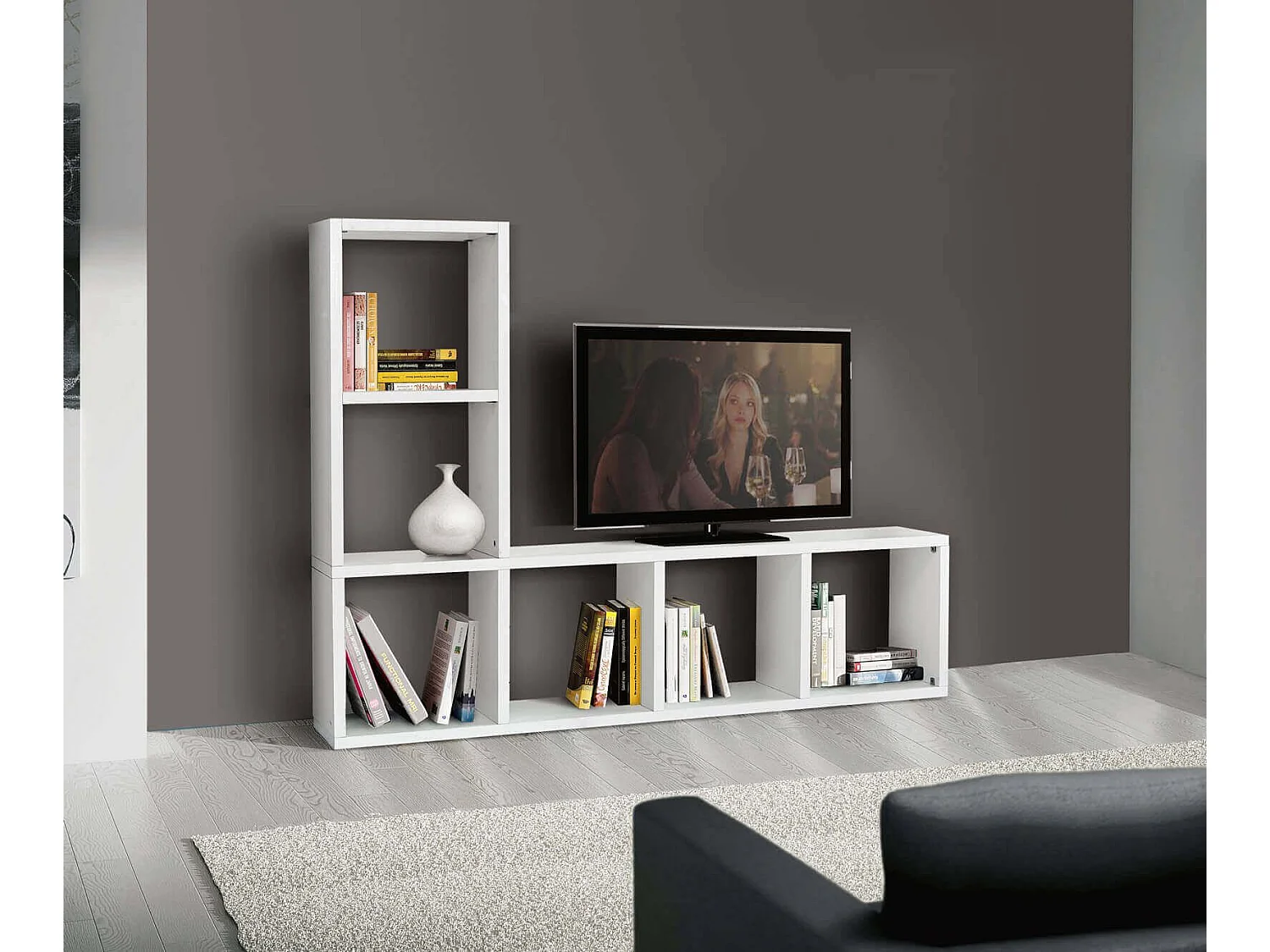 Milani Home - Mobile Tv Porta Tv Cm 175x30x132 H Frassinato Bianco Per Soggiorno Salotto Camera Da Letto Ufficio - Bianco