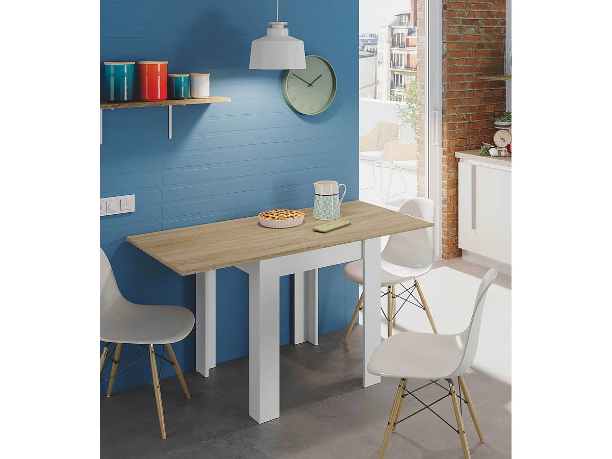 Table de cuisine extensible couleur chêne canadien / blanc artic - Longueur 67/134cm x Hauteur 79 x Profondeur 67 cm