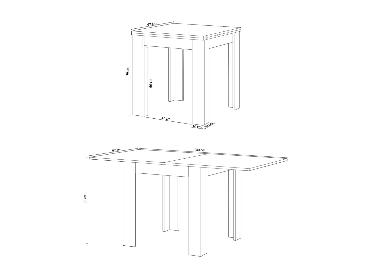 Table de cuisine extensible couleur chêne canadien / blanc artic - Longueur 67/134cm x Hauteur 79 x Profondeur 67 cm