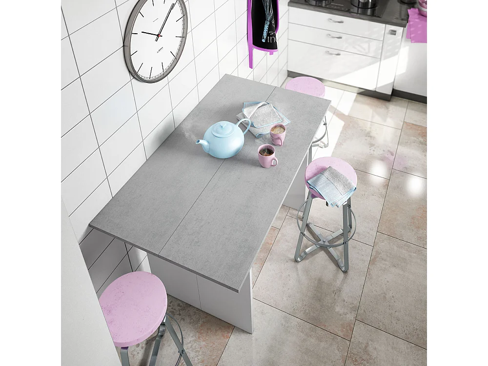 Table de cuisine pliable couleur blanc artic/béton - Longeur 120 x Hauteur 75 x Profondeur 35-70 cm
