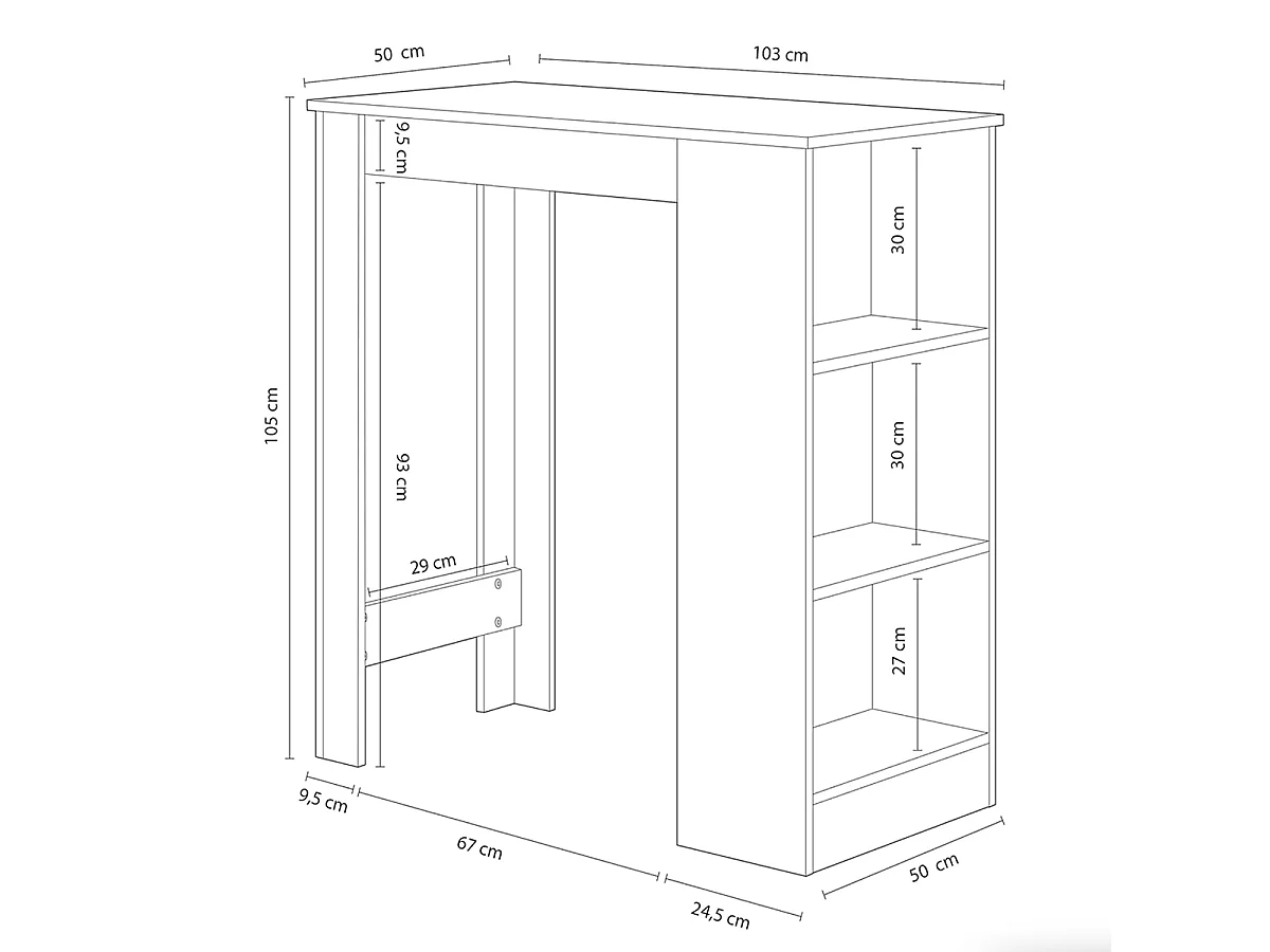 Table haute avec étagères en mélamine couleur blanc effet ciment - Longueur 103 x Hauteur 105 x Profondeur 50 cm