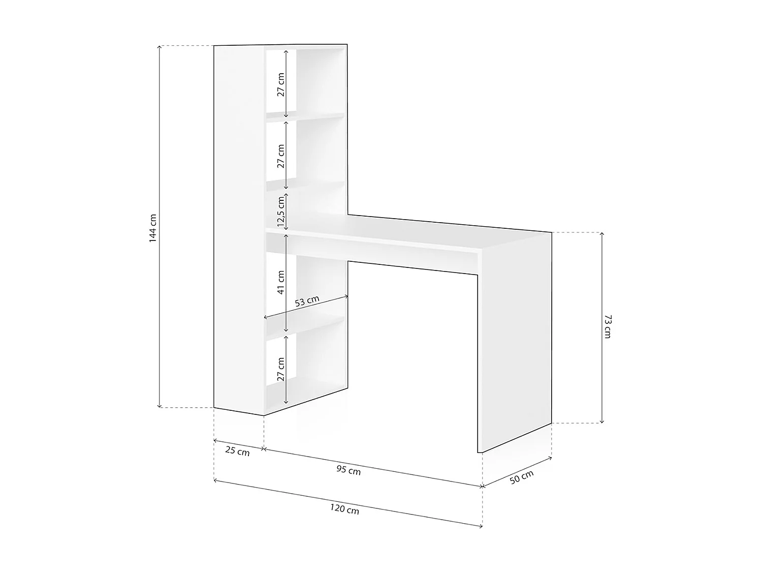 Bureau avec 5 étagères couleur Blanc Artic en mélamine - Longueur 120 x Hauteur 144 x Profondeur 53 cm