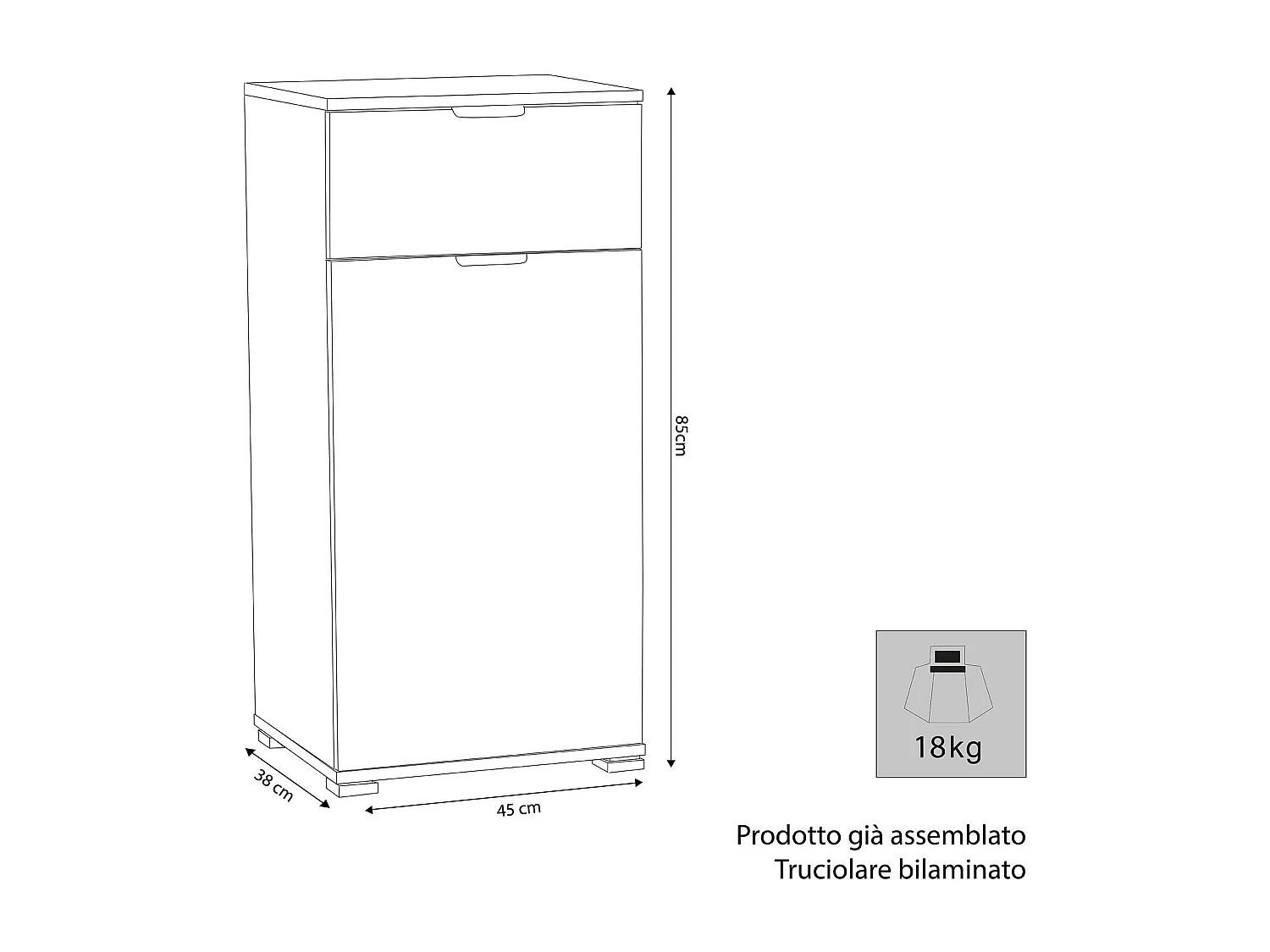 MilaniHome.it - armadietto un anta e un cassetto per soggiorno cucina bagno fatto in Italia cm 45x38x85 hdi coloreBianco