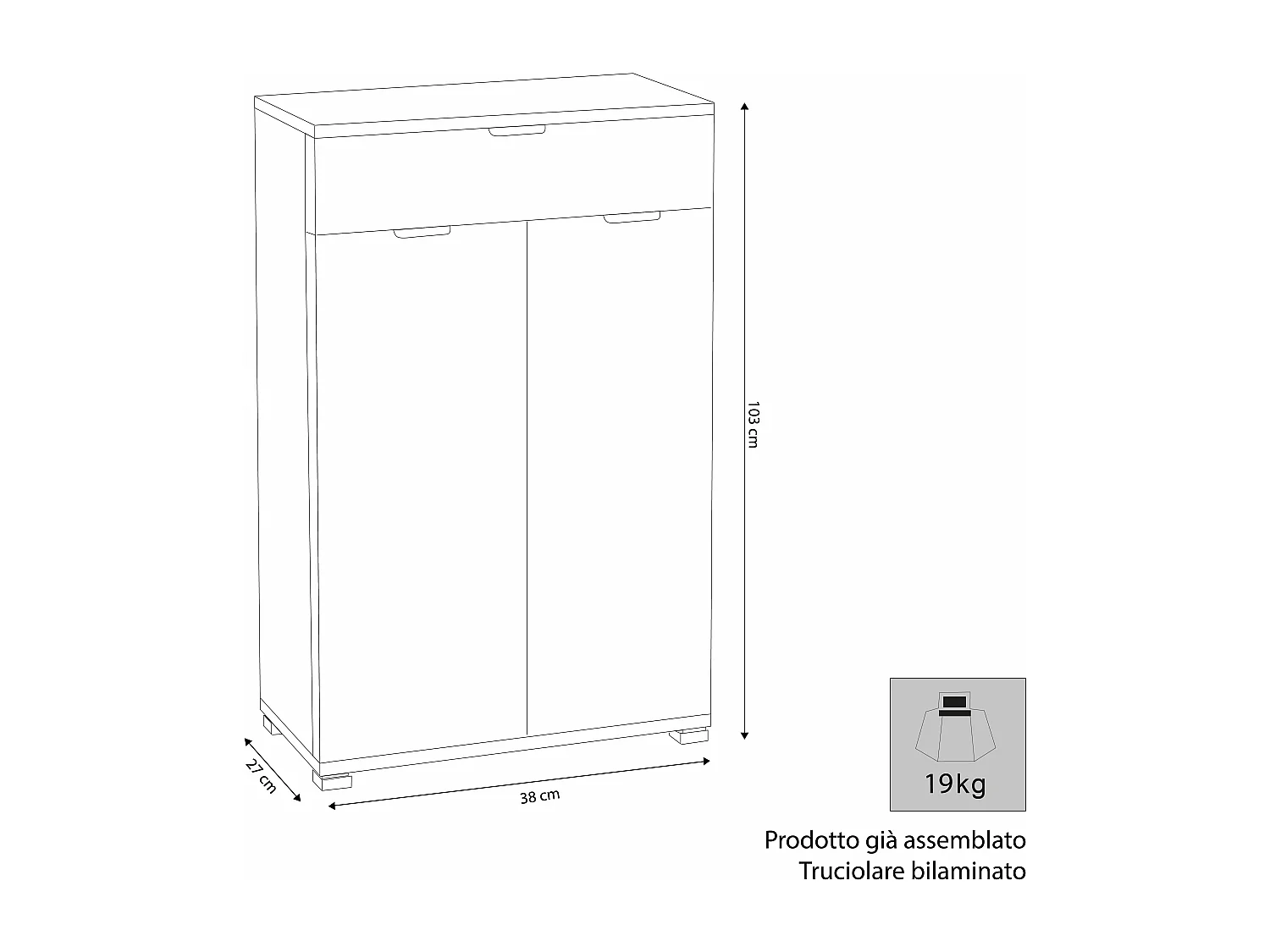 MilaniHome.it - armadietto con due ante e un cassetto per soggiorno cucina bagno fatto in Italia cm 27x38x103 hdi coloreMarrone chiaro