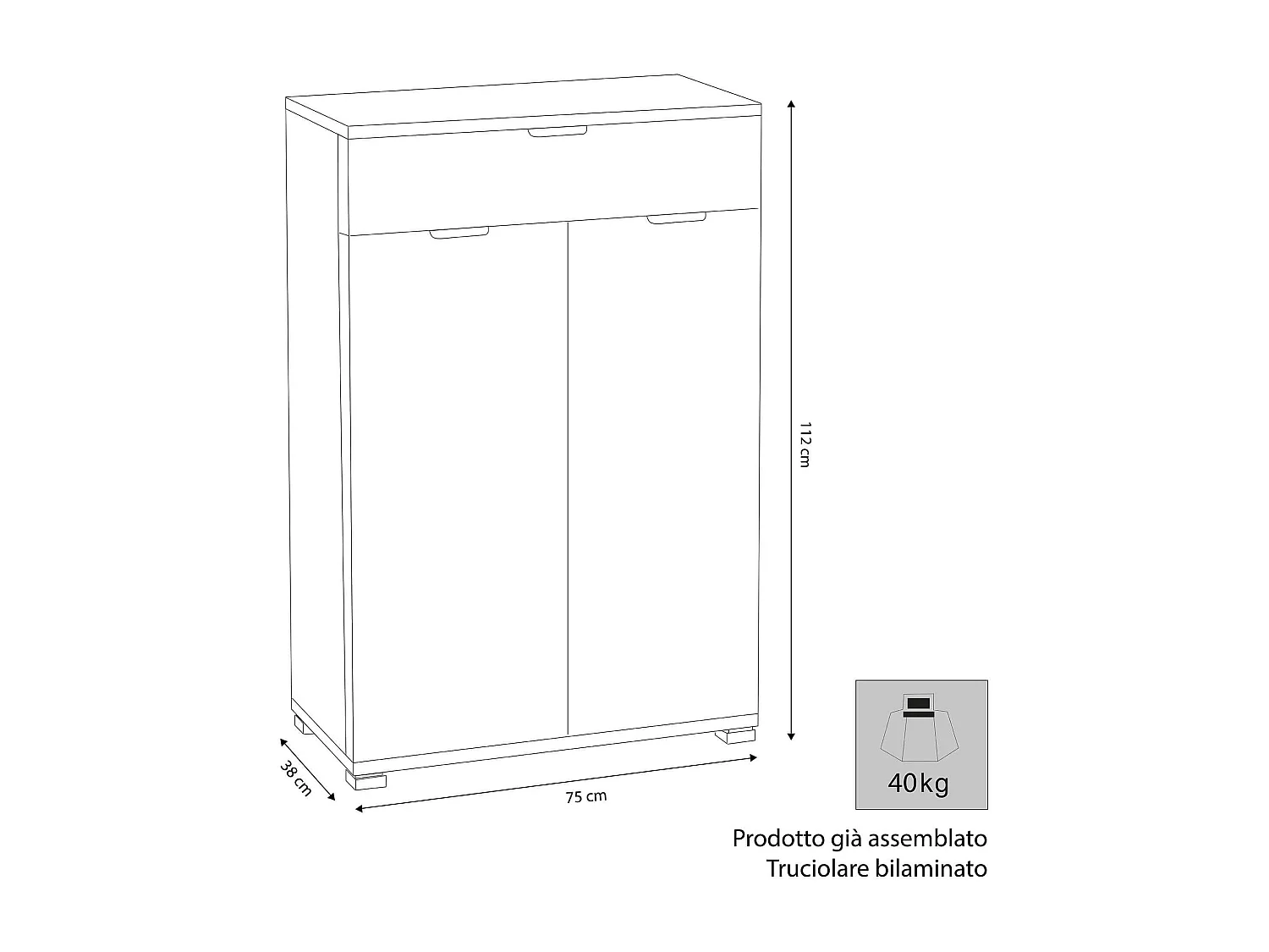 MilaniHome.it - armadietto con 2 ante e un cassetto per soggiorno cucina bagno fatto in Italia cm 75x38x112 hdi coloreBianco