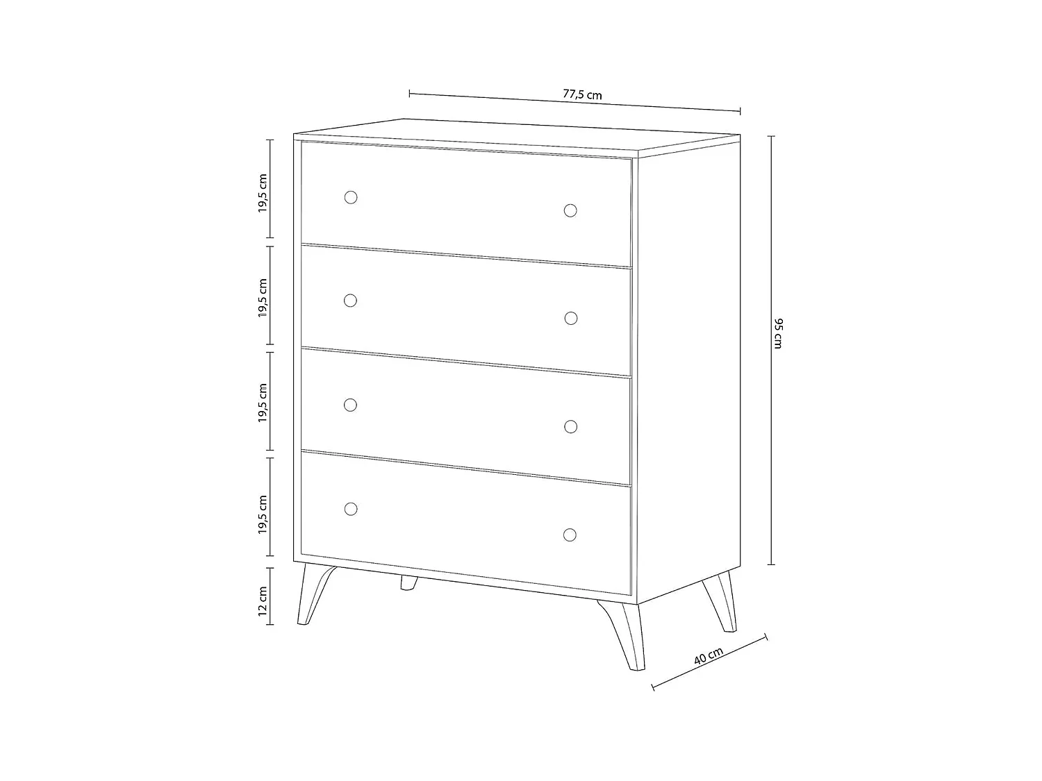 Commode avec 4 tiroirs couleur blanc artic - Longueur 77,5 x Hauteur 95 x Profondeur 40 cm