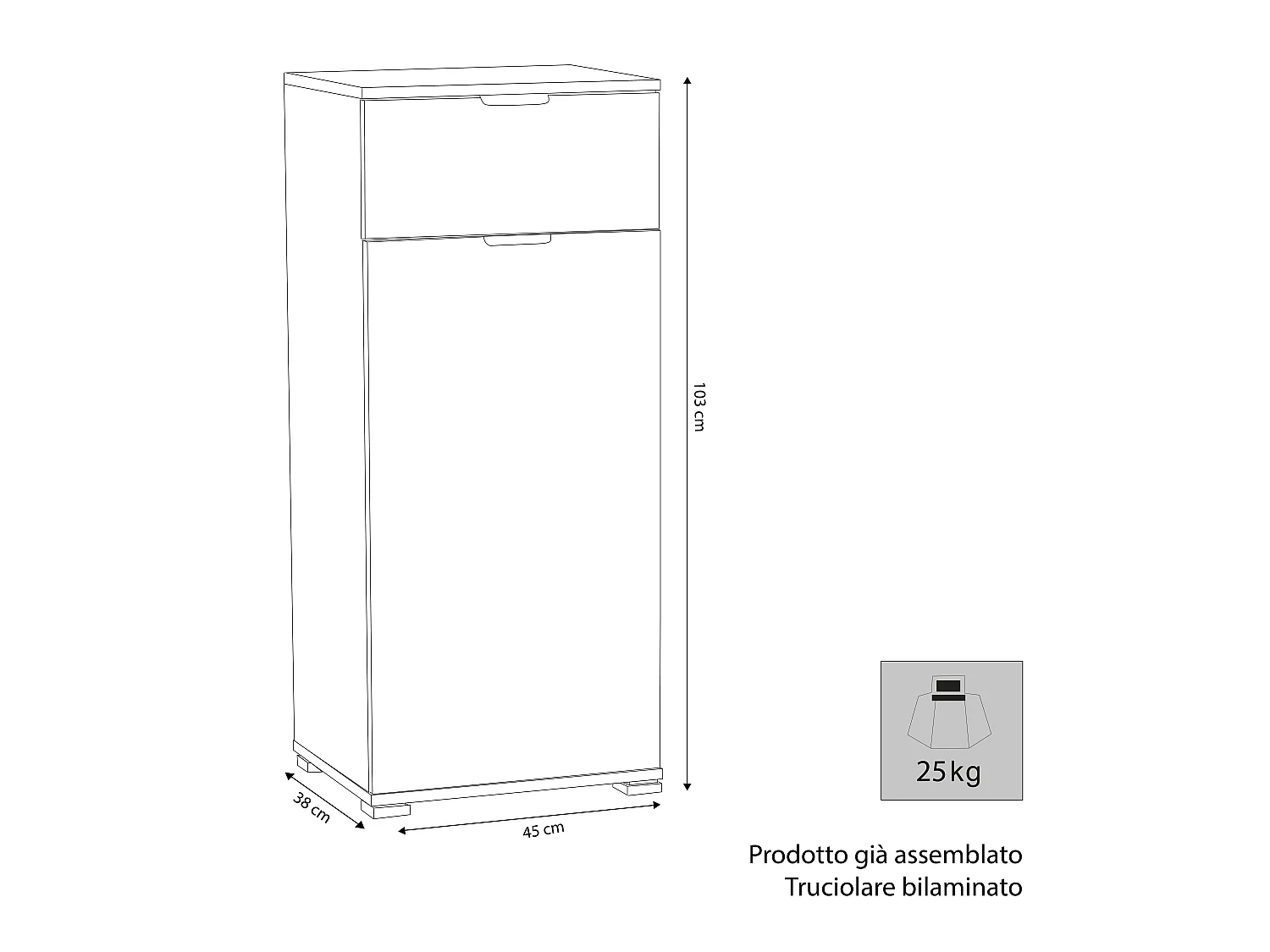 MilaniHome.it - armadietto con un'anta e un cassetto per soggiorno cucina bagno fatto in Italia cm 45x38x103 hdi coloreBianco