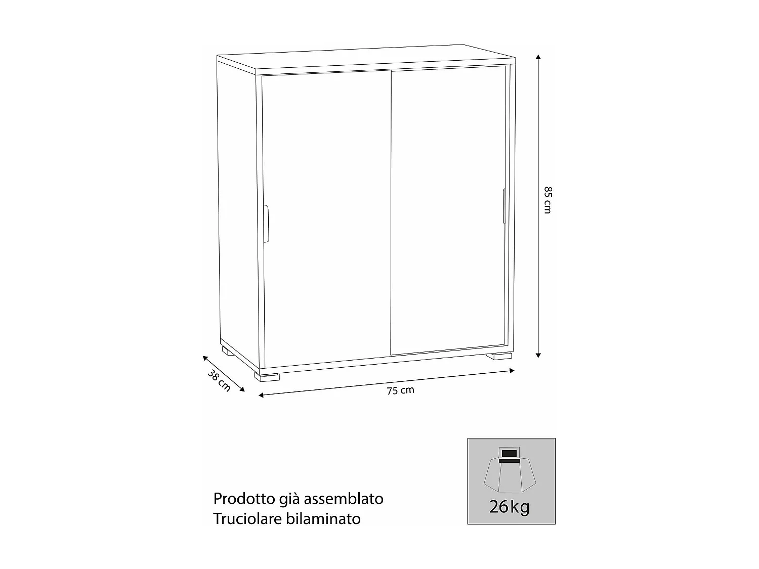 MilaniHome.it - armadietto con 2 ante per soggiorno cucina bagno fatto in Italia cm 75x38x85 hdi coloreBianco