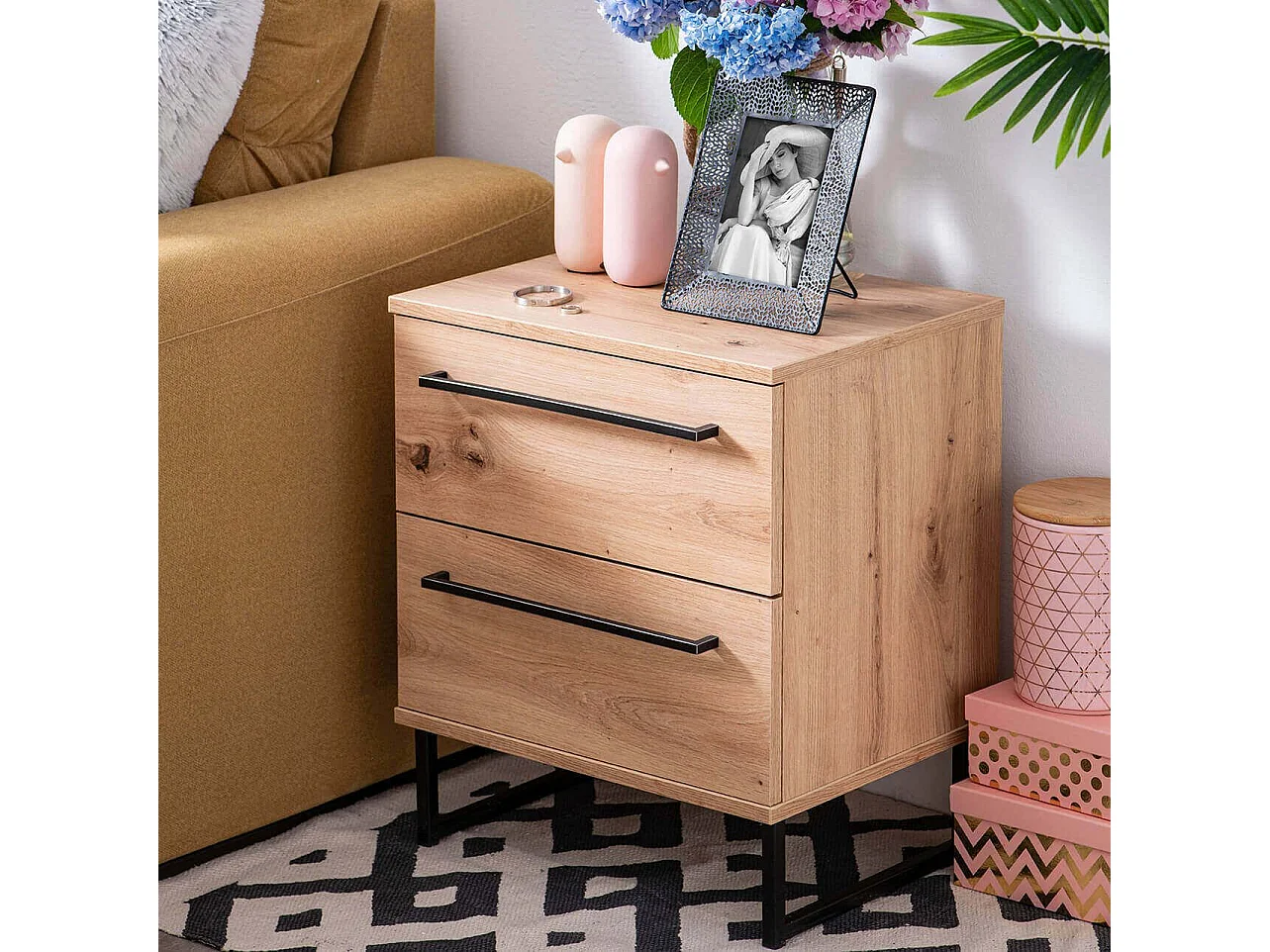 comodino moderno 2 cassetti colore rovere di design moderno industrial cm 45,5 x 35 x 54 h