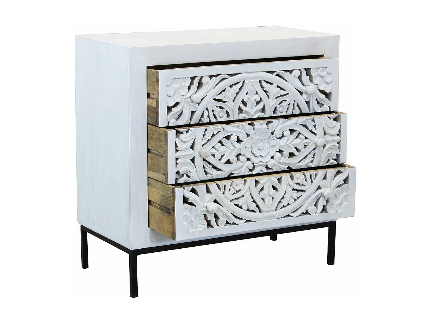 MilaniHome.it - Mobile con decoro sbiancato con 3 cassetti in legno di mango con struttura in ferro cm 80x40x80 hdi coloreMarrone