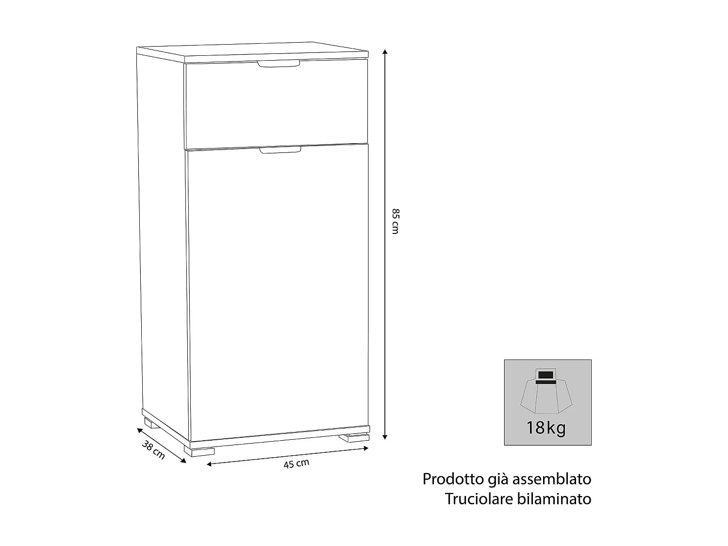 MilaniHome.it - armadietto un anta e un cassetto per soggiorno cucina bagno fatto in Italia cm 45x38x85 hdi coloreRovere grigio