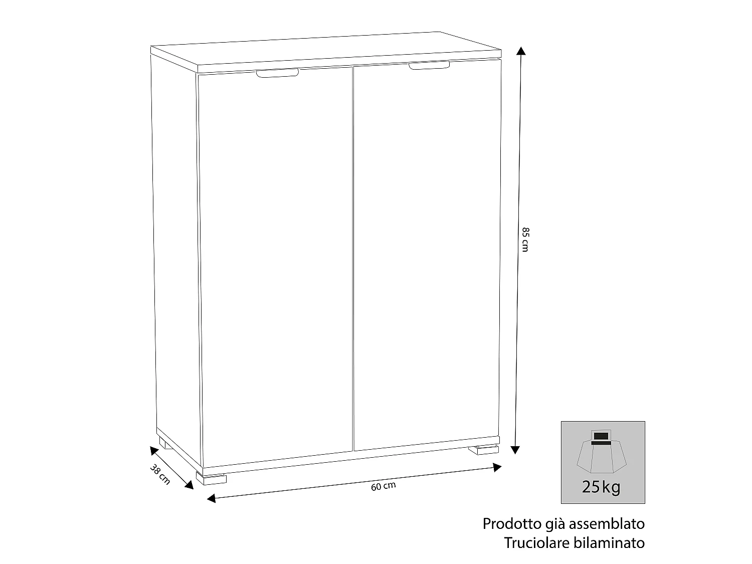 MilaniHome.it - armadietto 2 ante per soggiorno cucina bagno fatto in Italia cm 60x38x85 hdi coloreBianco