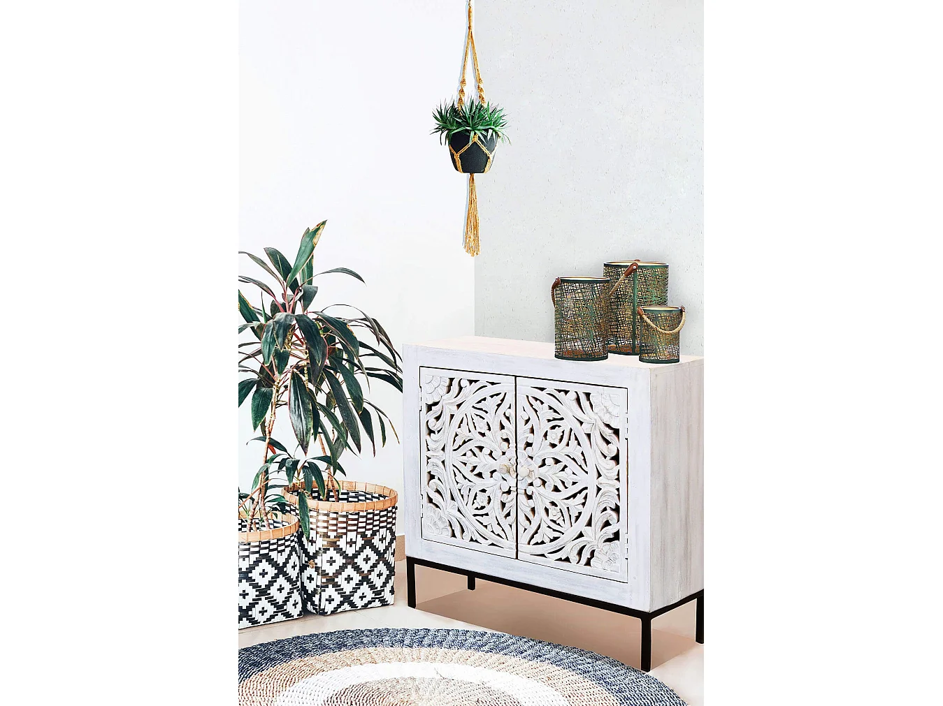 MilaniHome.it - Mobile con decoro sbiancato con 2 ante in legno di mango con struttura in ferro cm 80x40x80 hdi coloreMarrone