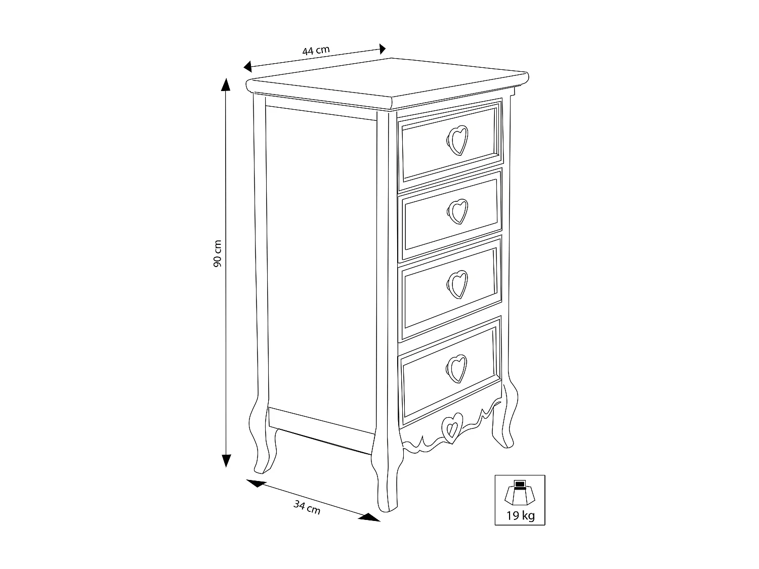 MilaniHome.it - Cassettiera Cuore 4 In Legno Di Pawlonia Sbiancato Con 4 Cassetti Per Camera, Salotto, Casadi coloreBianco