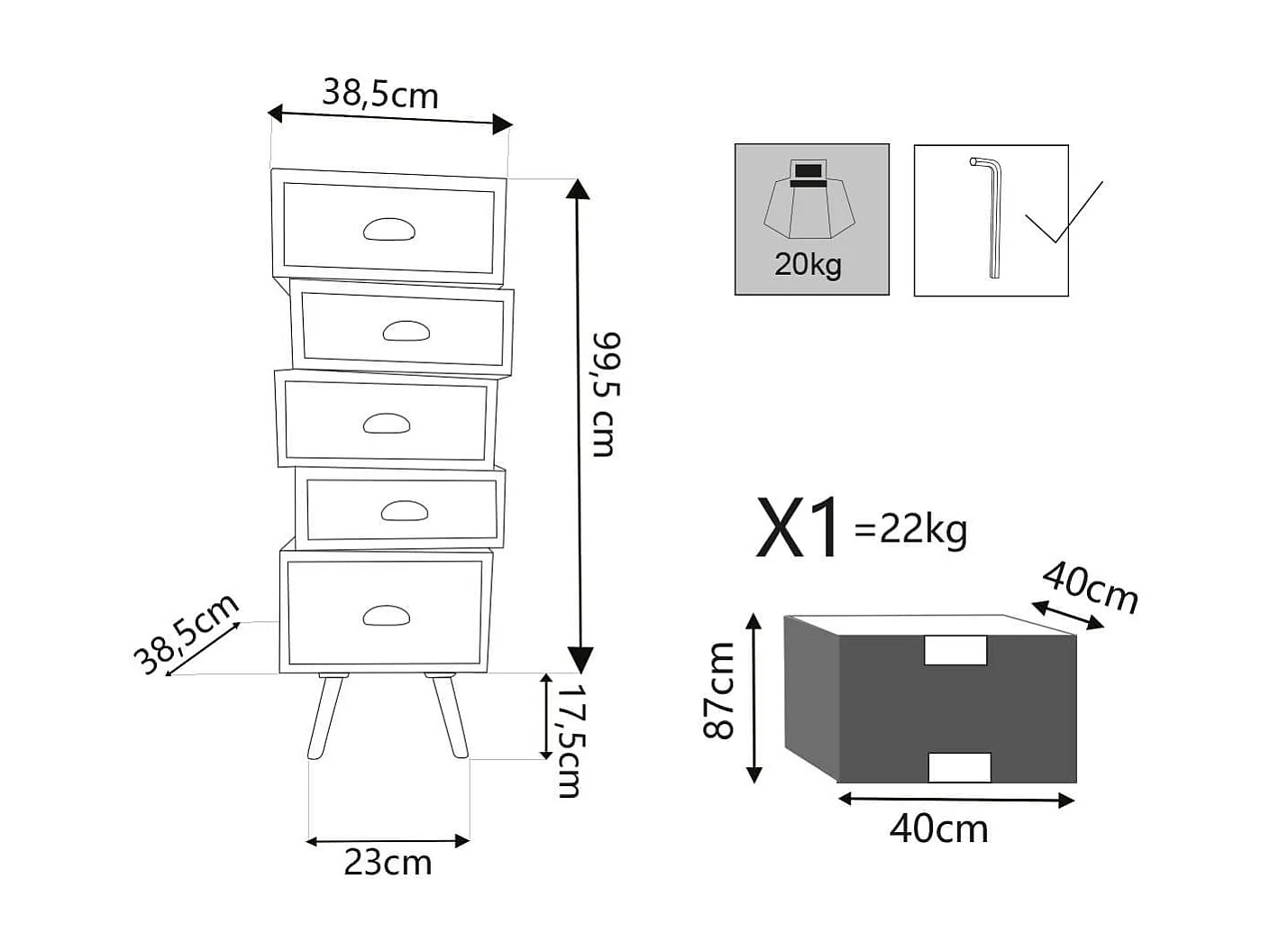 MilaniHome.it - Mobiletto 5 Cassetti 40x36,5x99 Per Interno Camera Cameretta Salotto Ingresso Cucinadi coloreMulticolor