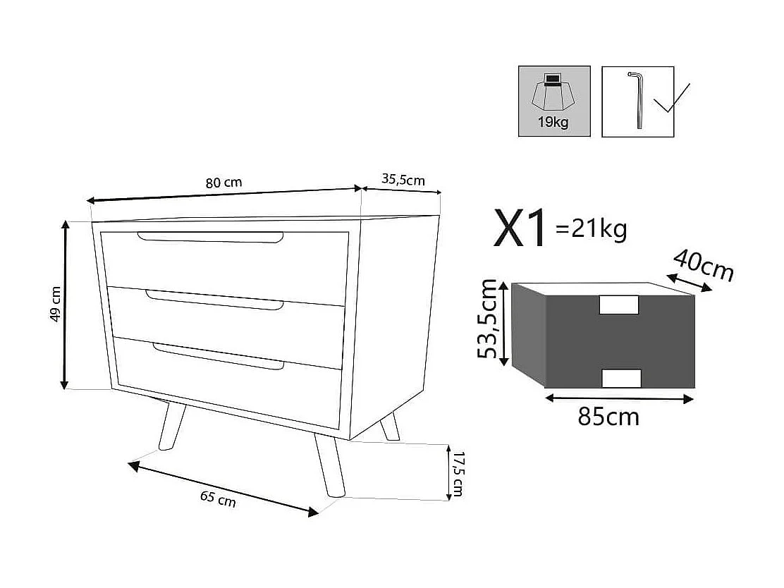 Milani Home - cassettiera 3 cassetti 80 x 36 x 67 cm, legno multicolor, per camera, cameretta e ingresso