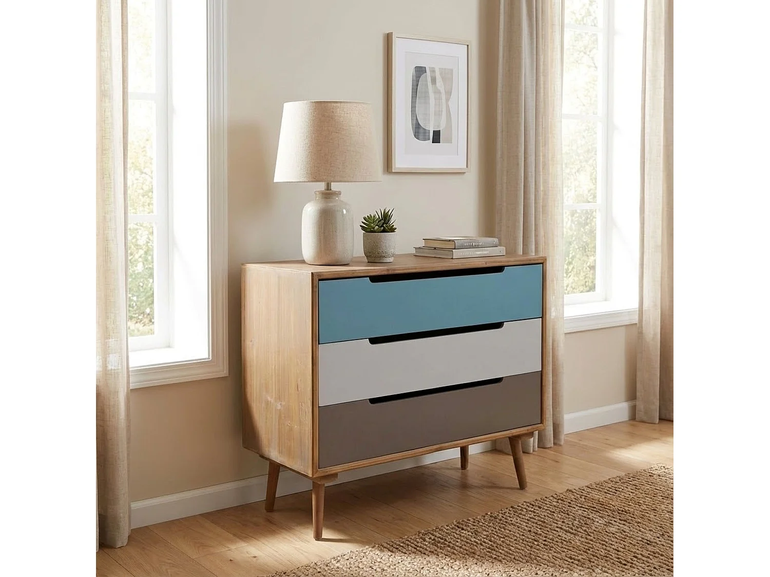 Milani Home - cassettiera 3 cassetti 80 x 36 x 67 cm, legno multicolor, per camera, cameretta e ingresso