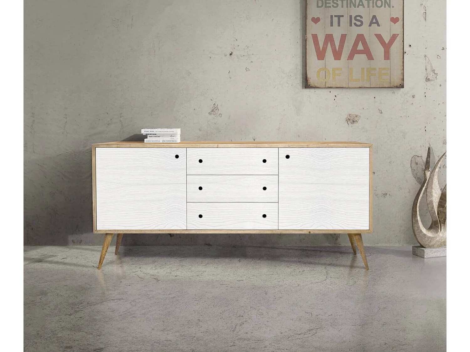 MilaniHome.it - Mobile Base Abete Spazzolato Cm 185x50x84 H Naturale E Bianca Per Cucina Sala Da Pranzo Salotto Soggiorno Camera Da Lettodi coloreBianco