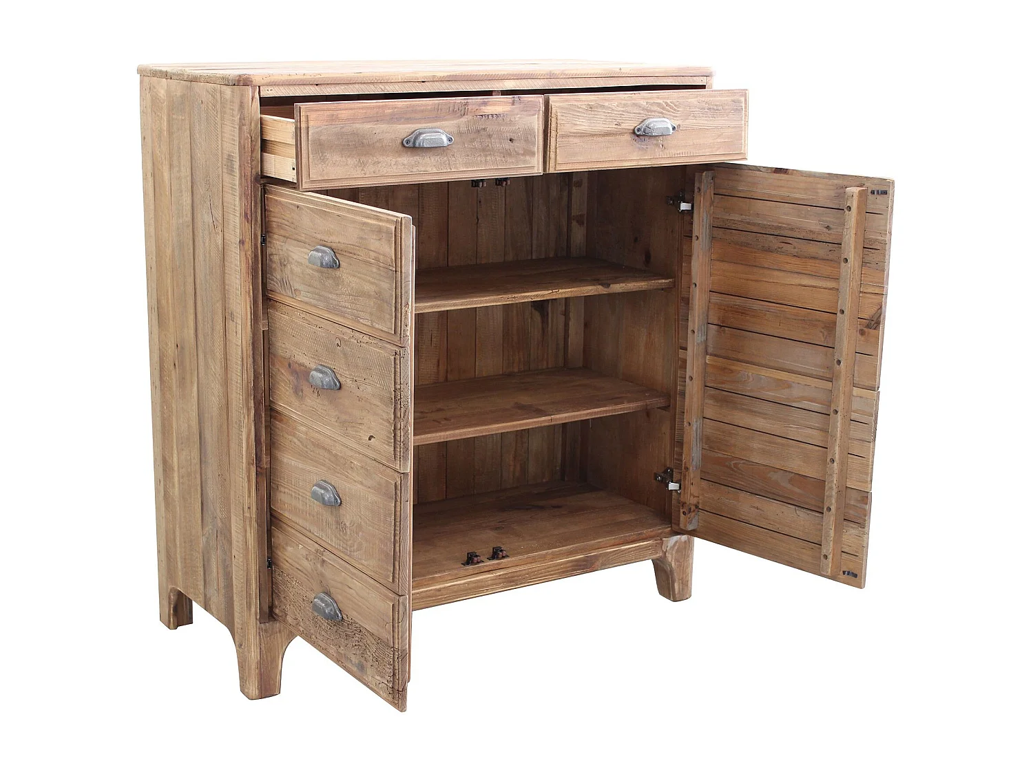 MilaniHome.it - cassettiera con 2 cassetti e 2 ante in legno di pino riciclato di design moderno in legno invecchiato pezzo unico cm 105x48x113 hdi coloreMarrone