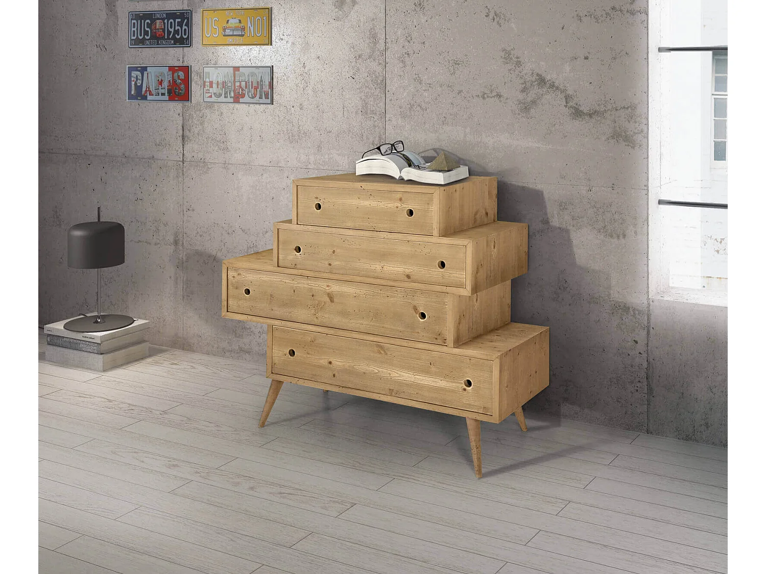 MilaniHome.it - Cassettiera Abete Spazzolato Cm 110x45x95 H Naturale Per Soggiorno Salotto Camera Da Letto Studio Ufficiodi coloreMarrone