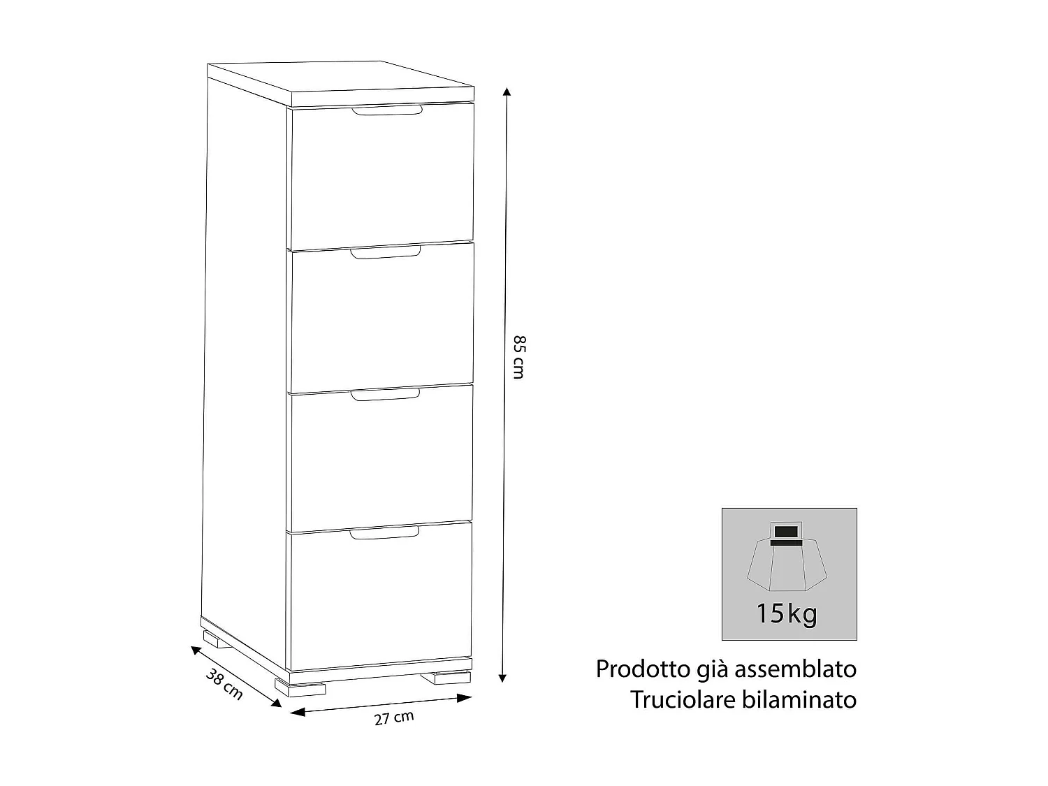 MilaniHome.it - cassettiera 4 cassetti per soggiorno cucina bagno fatto in Italia cm 27x38x85 hdi coloreBianco