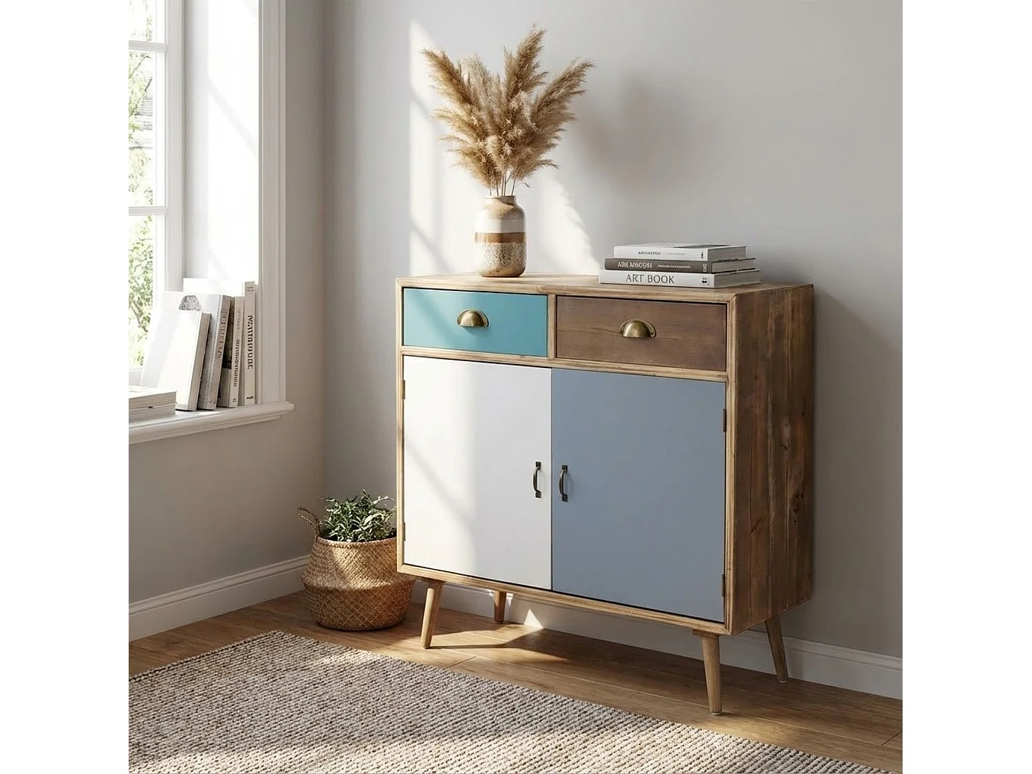 Milani Home - Mobiletto 2 Cassetti E 2 Ante Colorati Stile Industriale Cm 80x35x97,5 H Per Interno Camera Cameretta Salotto Ingresso Cucina - Multicolor