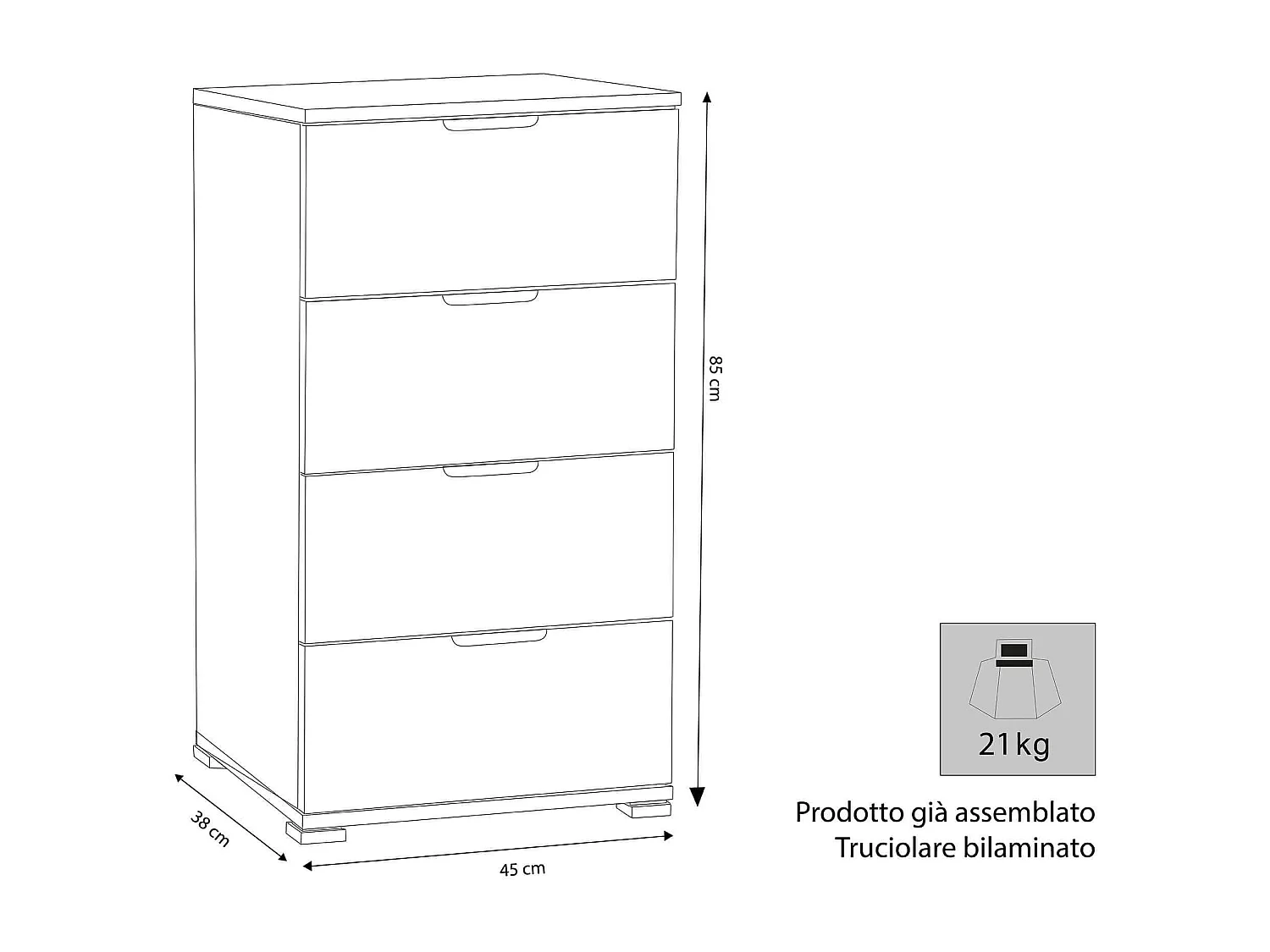 MilaniHome.it - cassettiera 4 cassetti per soggiorno cucina bagno fatto in Italia cm 45x38x85 hdi coloreMarrone